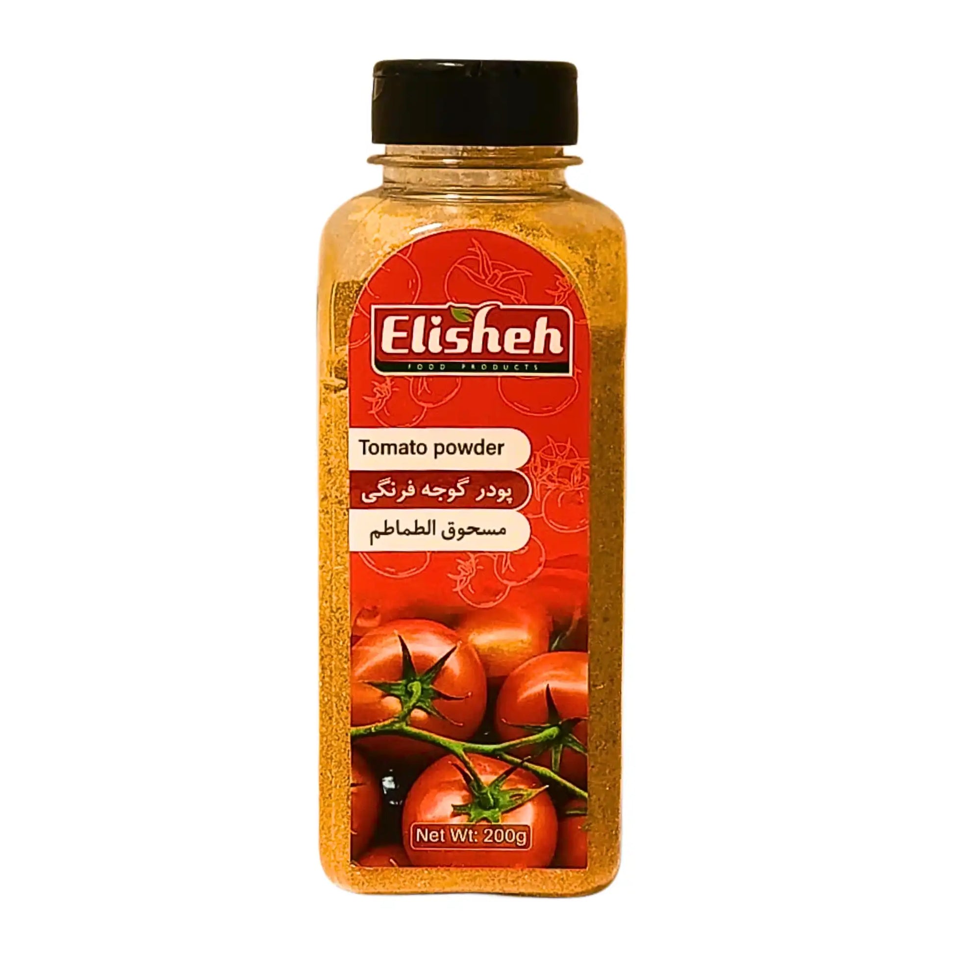 Burk med tomatpulver 200g, tydlig etikett med tomater, orientaliska kryddor