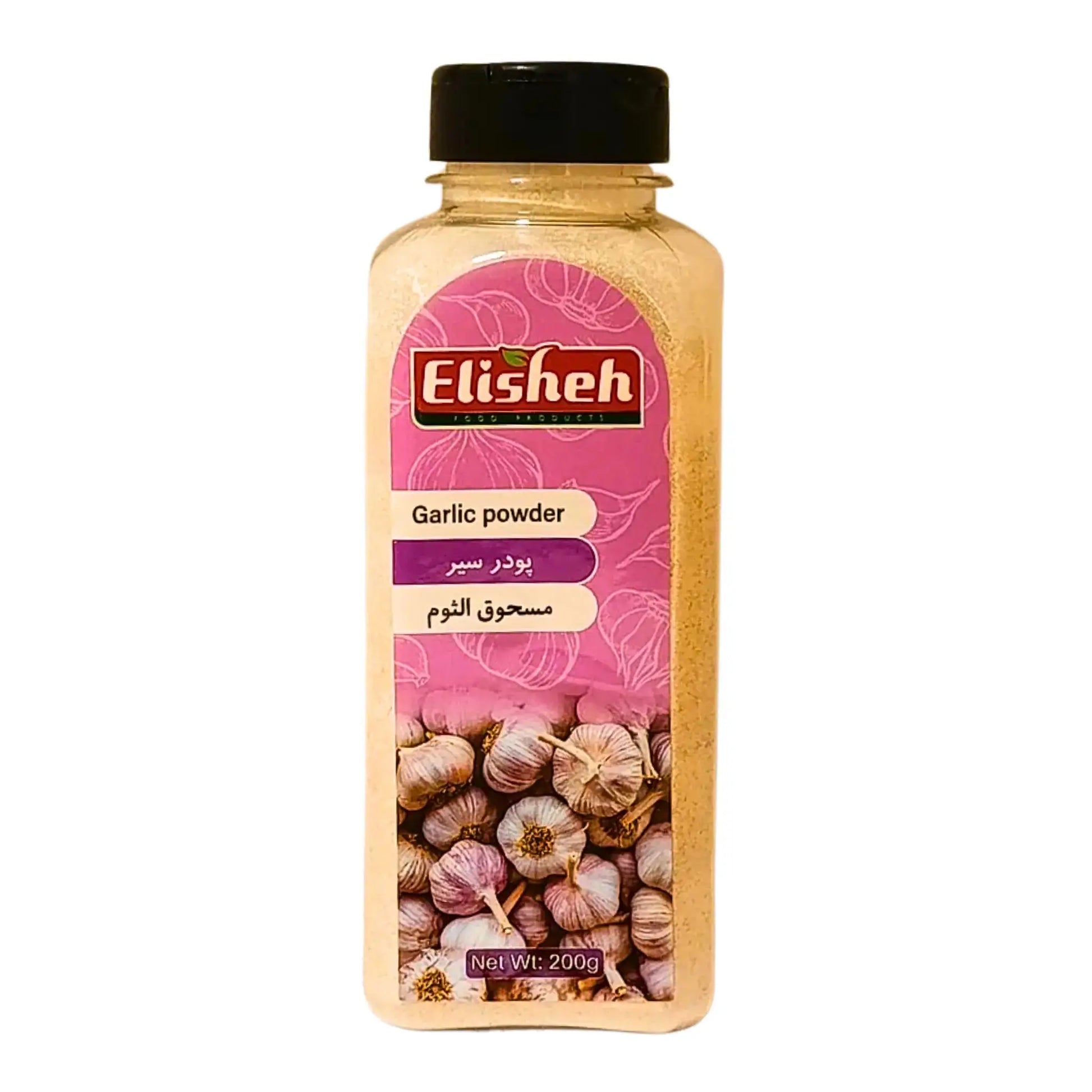 Burk med Elisheh vitlökspulver 200g, orientaliskt krydda, tydlig etikett och vitlöksmotiv