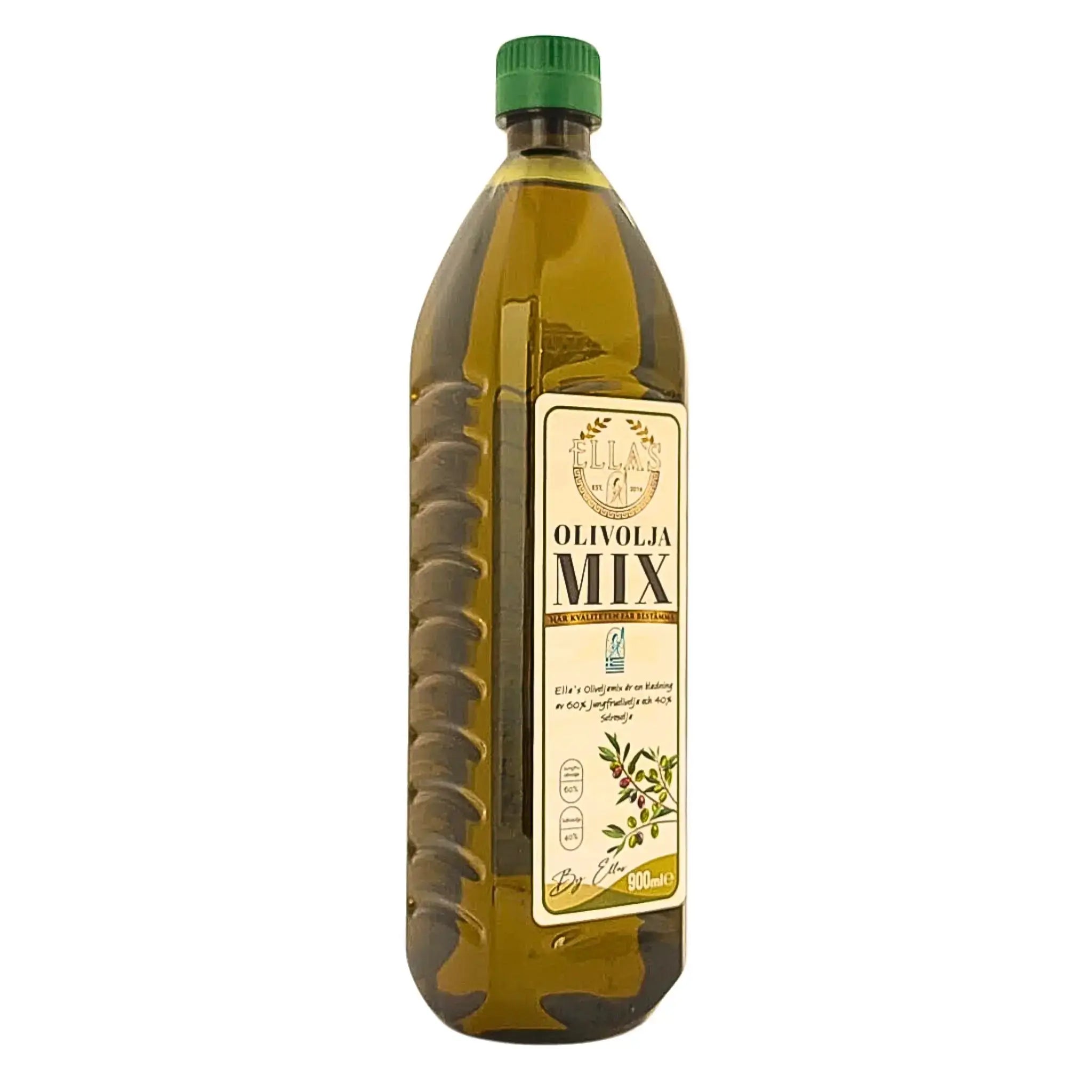 Flaska med Ellas ofiltrerad olivolja mix 900 ml, grön kork, vit etikett