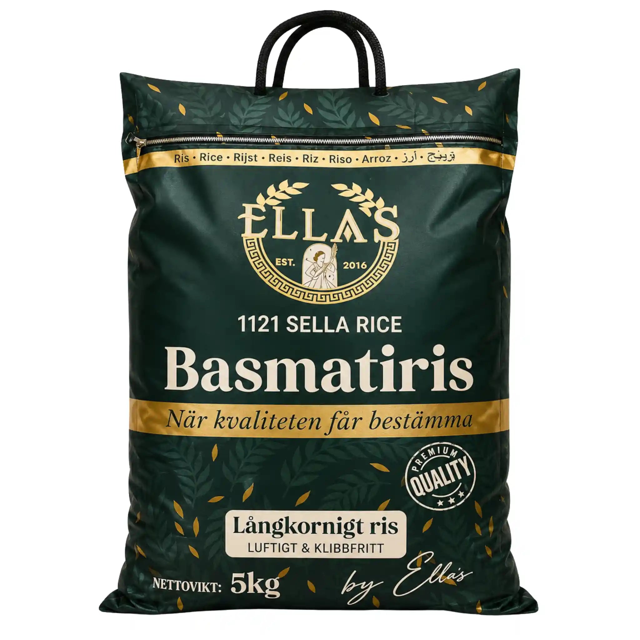 Basmati ris i grön påse med handtag, Ellas-märkning och 5 kg nettovikt