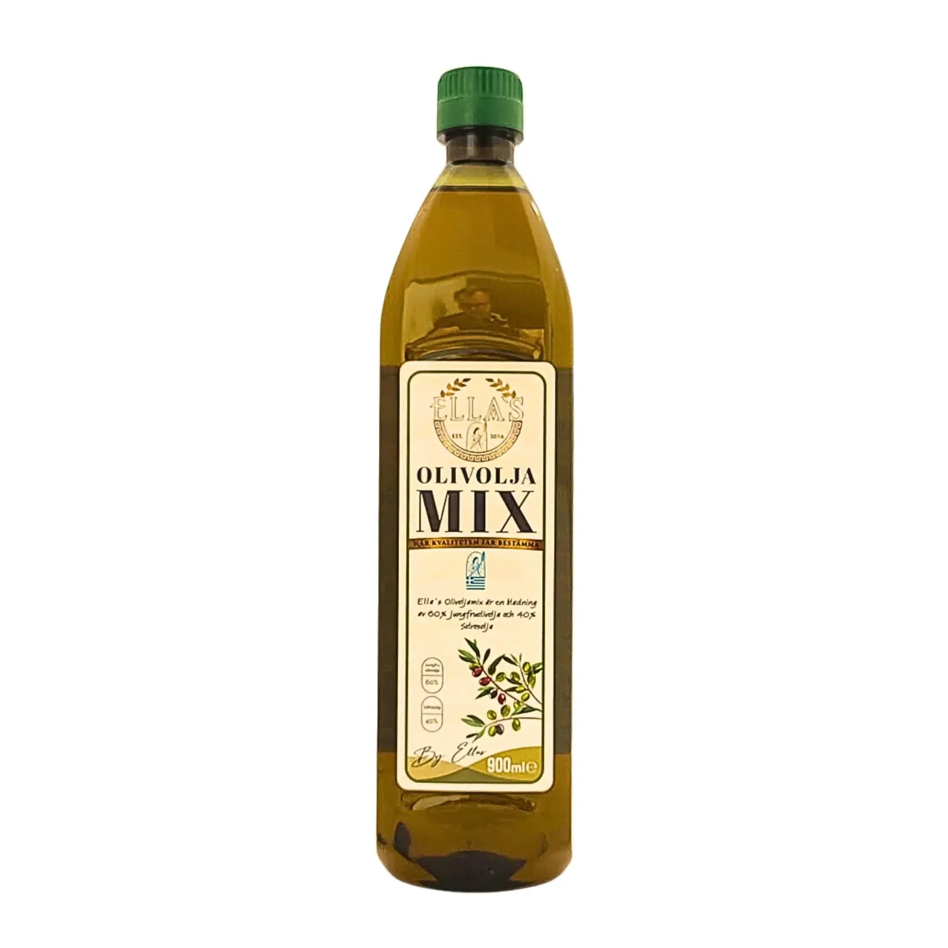 Flaska med olivolja mix 900ml, grön kork, vit etikett med olivmotiv