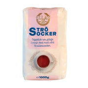 1 kg förpackning strösocker, vit plastpåse med blå och rosa etikett, tydlig viktangivelse, sockerprodukt.