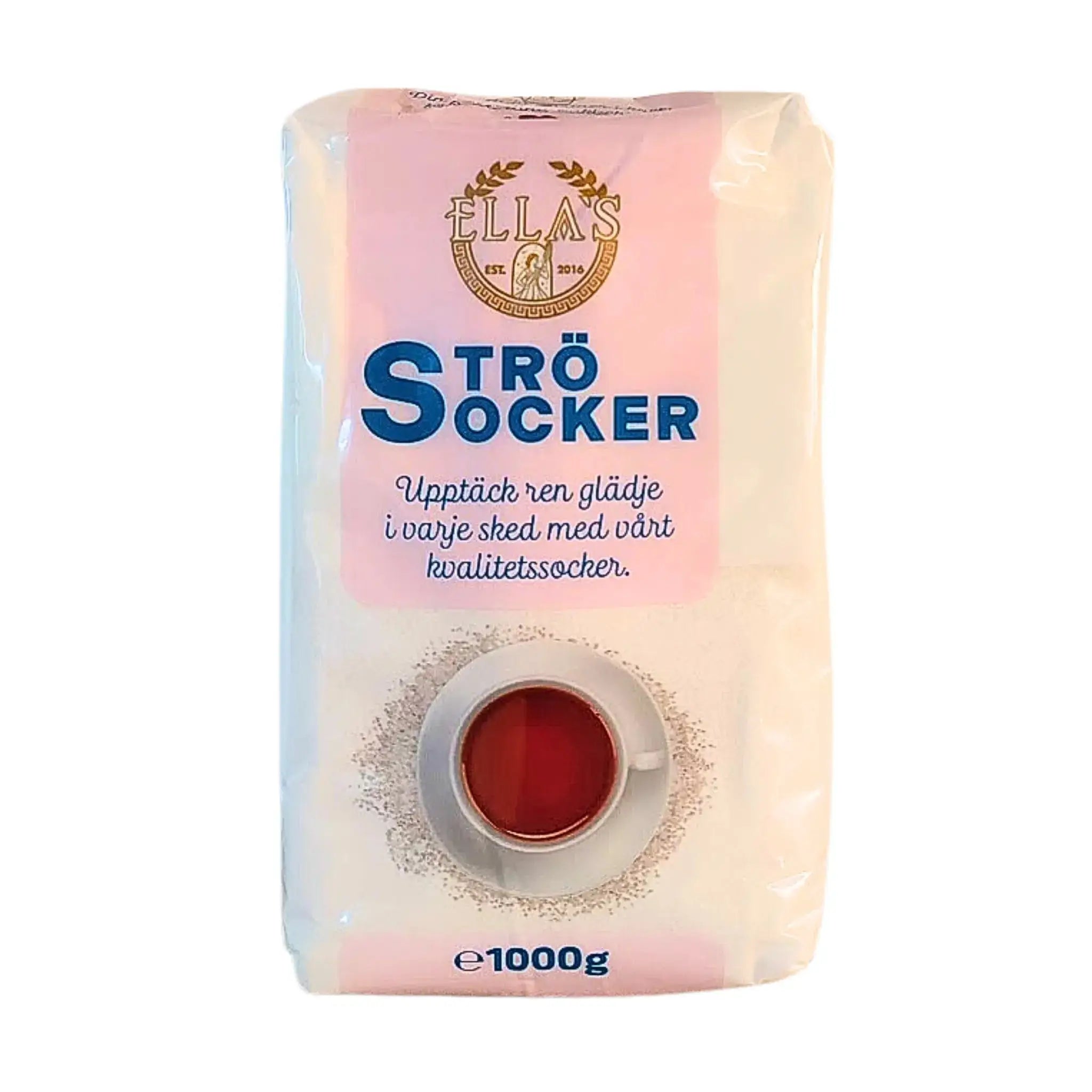 1 kg förpackning strösocker, vit plastpåse med blå och rosa etikett, tydlig viktangivelse, sockerprodukt.