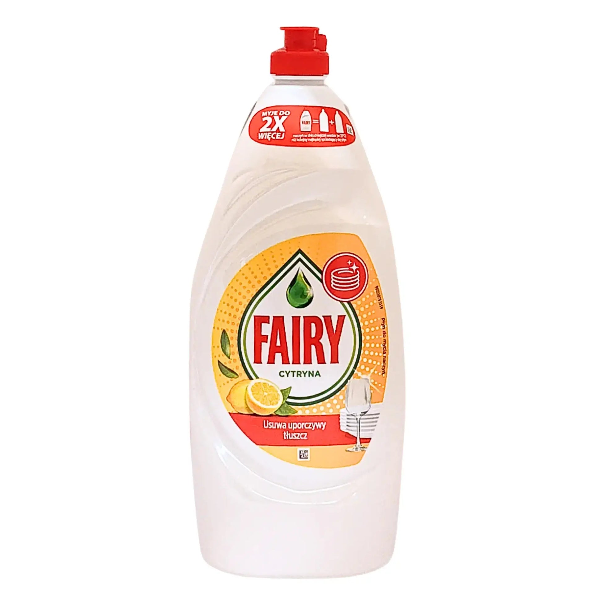 Fairy diskmedel citron 900 ml flaska med röd kork och citronskivor på etiketten