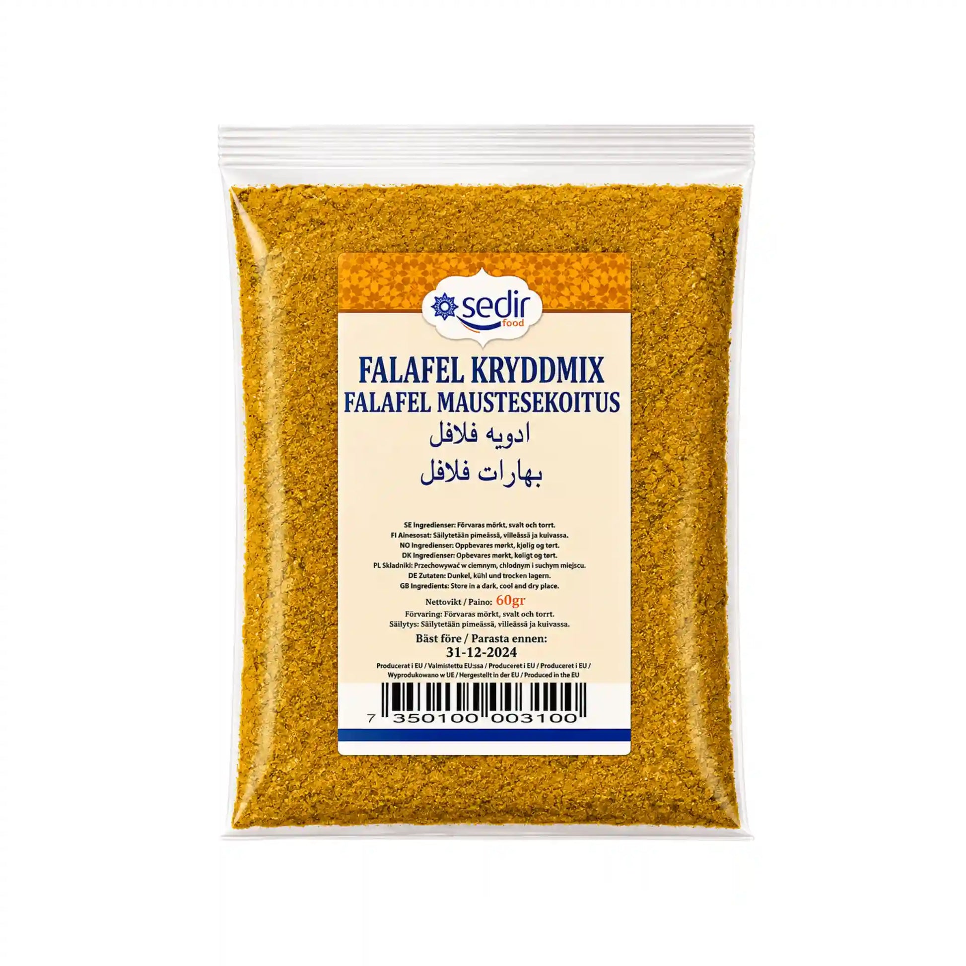 Falafel kryddmix i förseglad påse med Sedir-etikett, gul pulverblandning