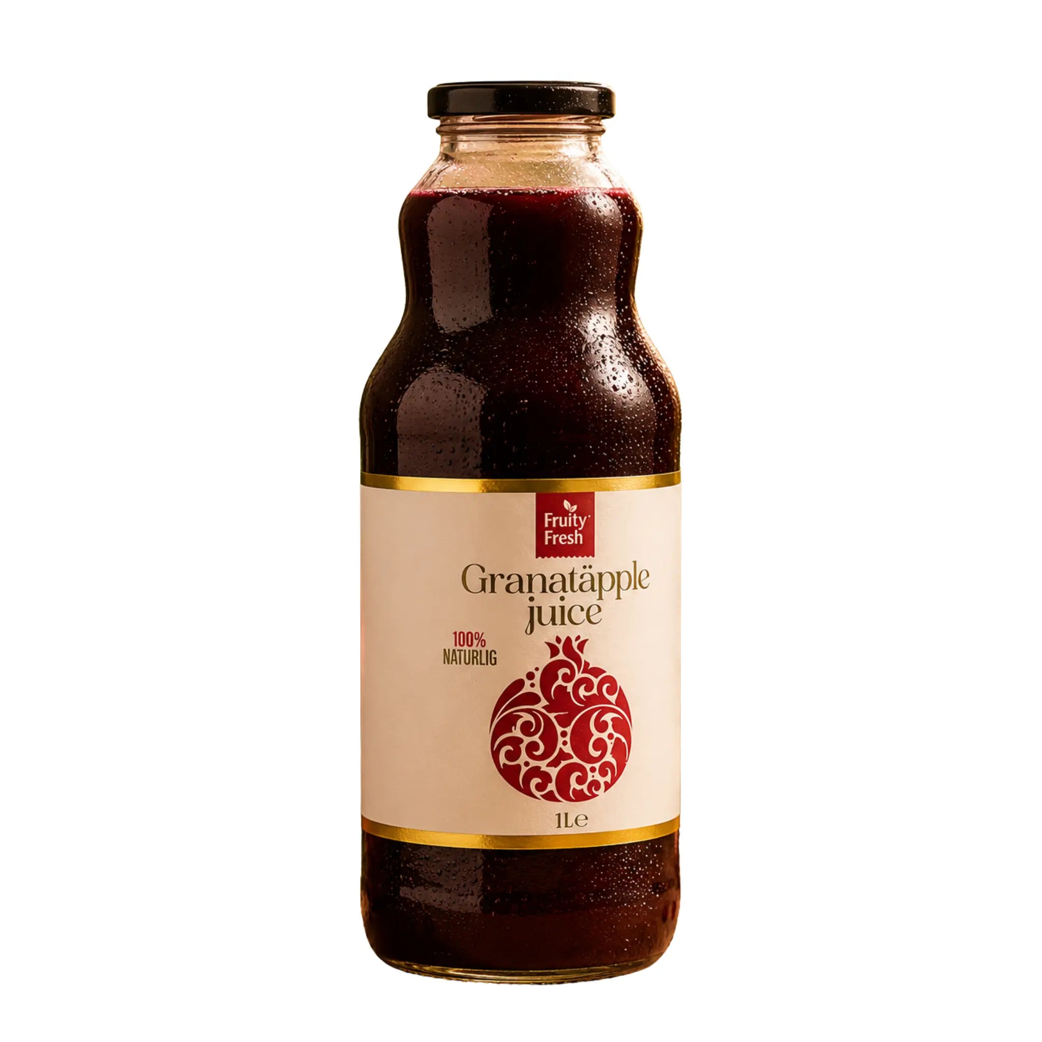 Granatäpplejuice i flaska, 1 l, mörk rödbrun dryck.
