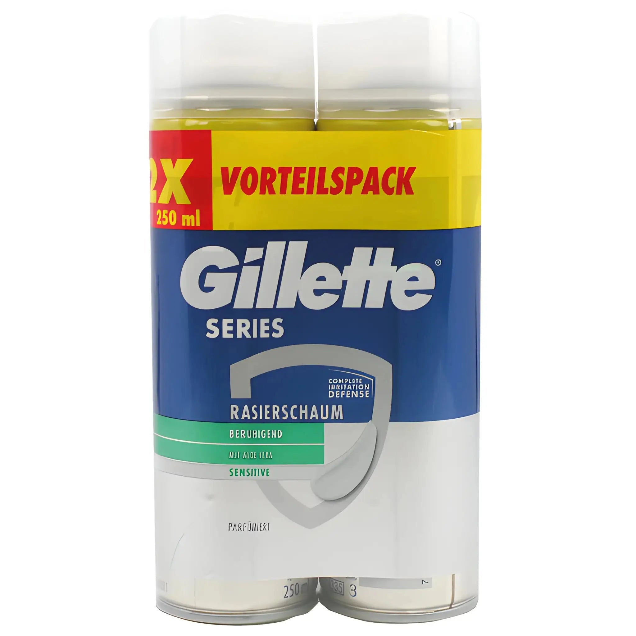Gillette rakskum 2-pack för känslig hud, 250 ml vardera, blå och gul förpackning