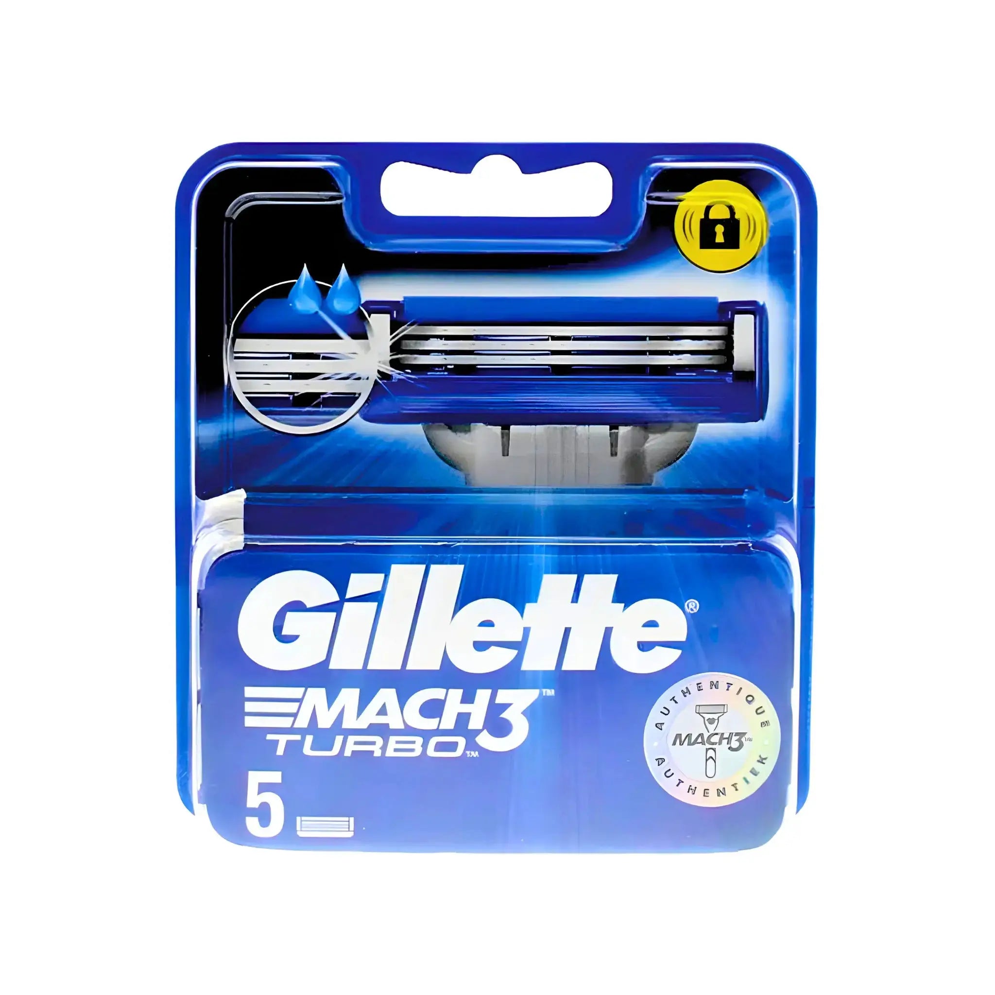 Gillette Mach3 Turbo rakblad 5-pack i blå förpackning, nära produktfoto
