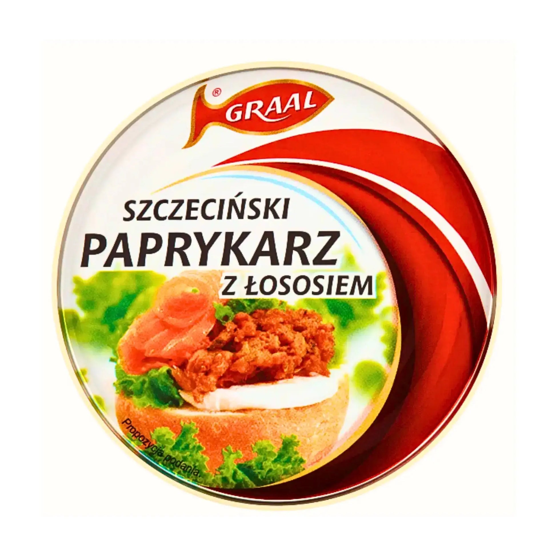 Konservburk Graal paprykarz med lax, polsk påläggsprodukt, färgrik etikett