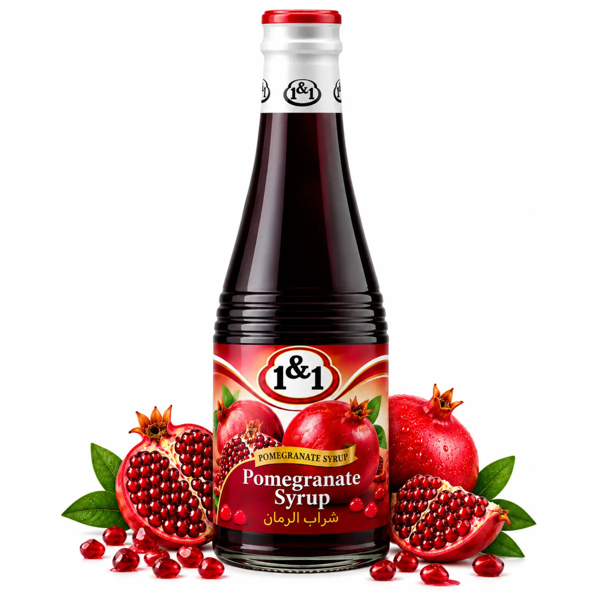 Flaska granatäpplesirap 430 ml med röd sirap och granatäppledekor