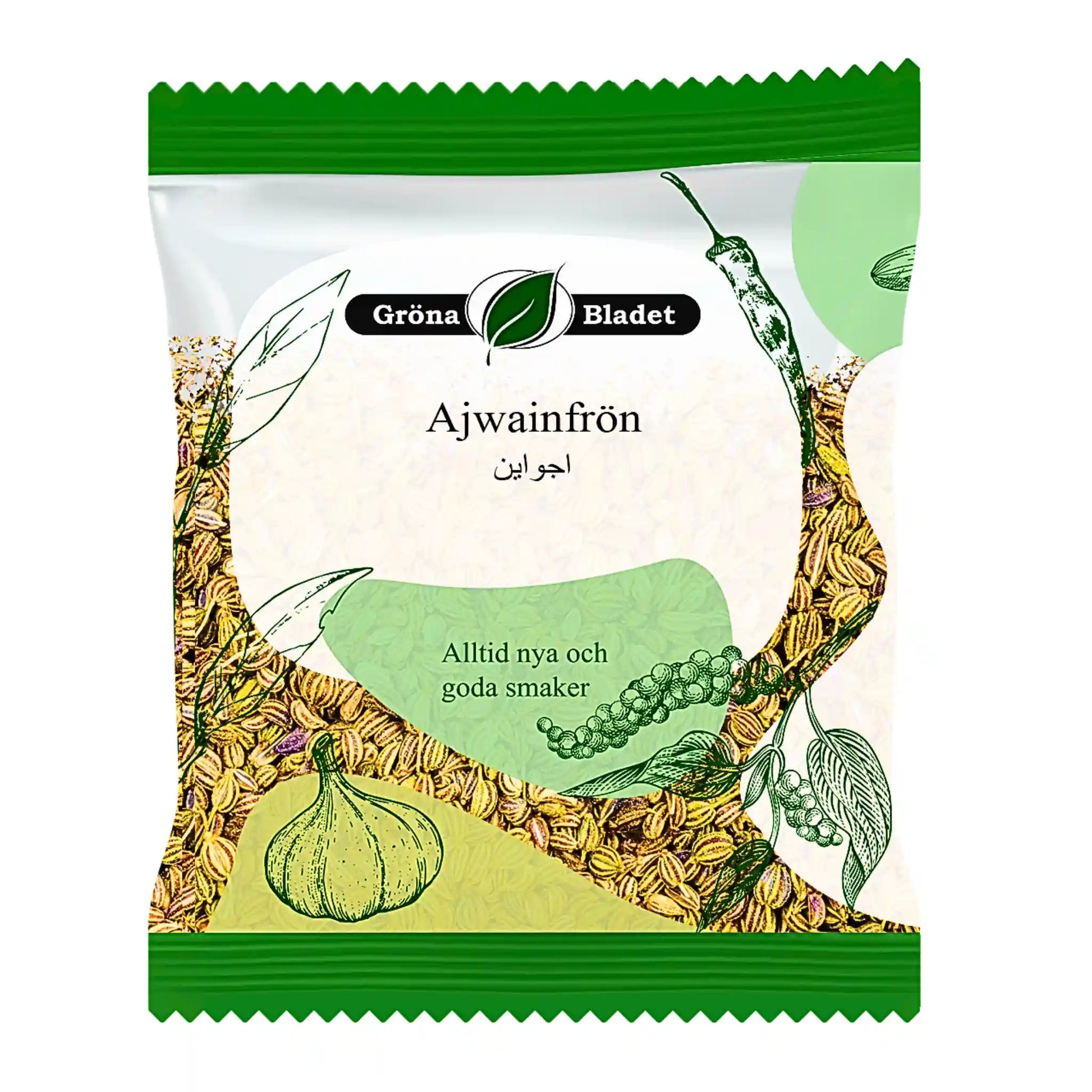 Förpackning Ajwainfrön 40g med grön design, kryddor och grönsaksillustrationer