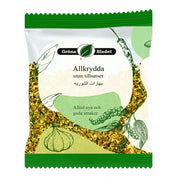 Förpackning med orientaliska kryddor, text 'Allkrydda utan tillsatser', gröna illustrationer av vitlök och peppar.