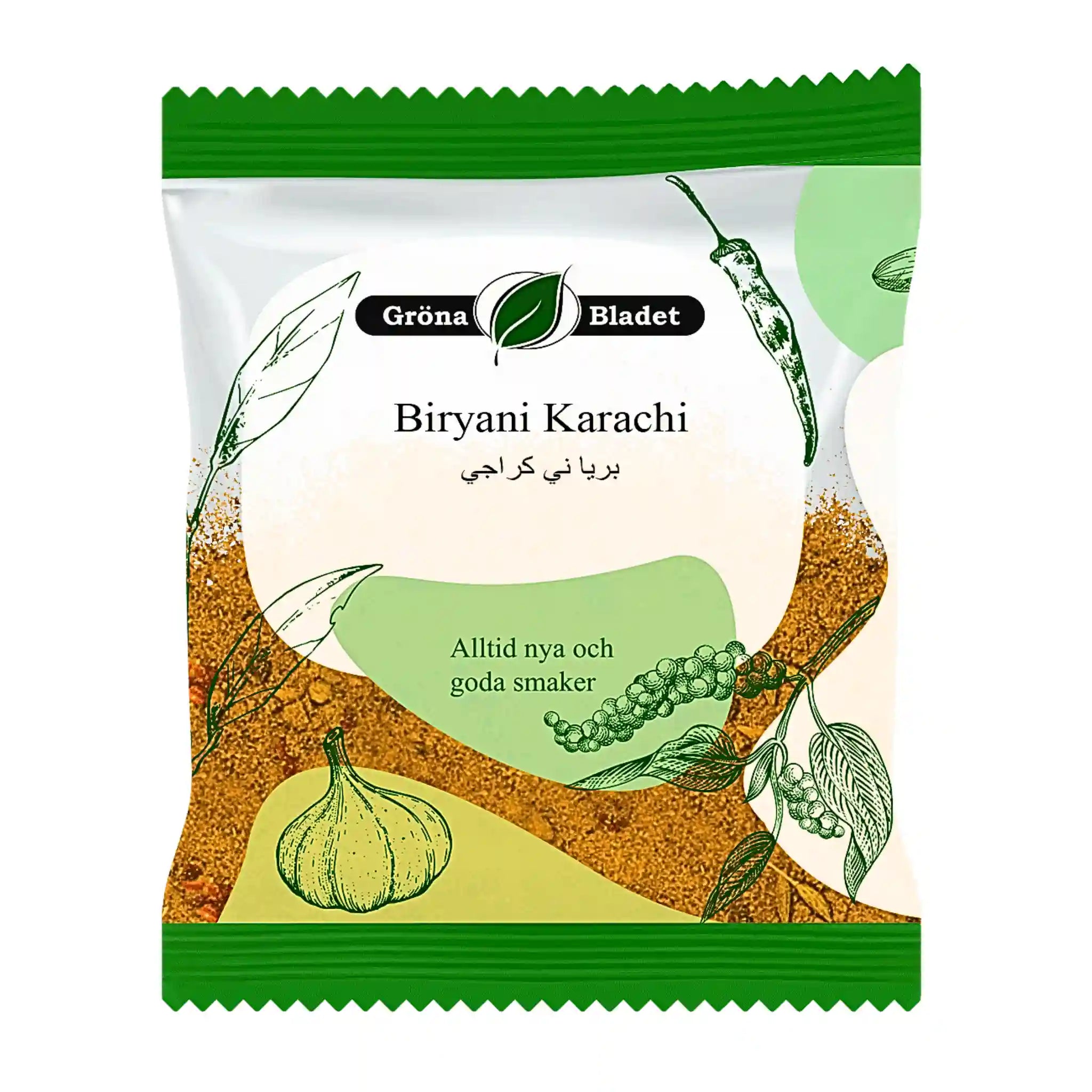 Gröna Bladet Biryani Karachi kryddmix 40g, färgglad förpackning med kryddor och vitlök