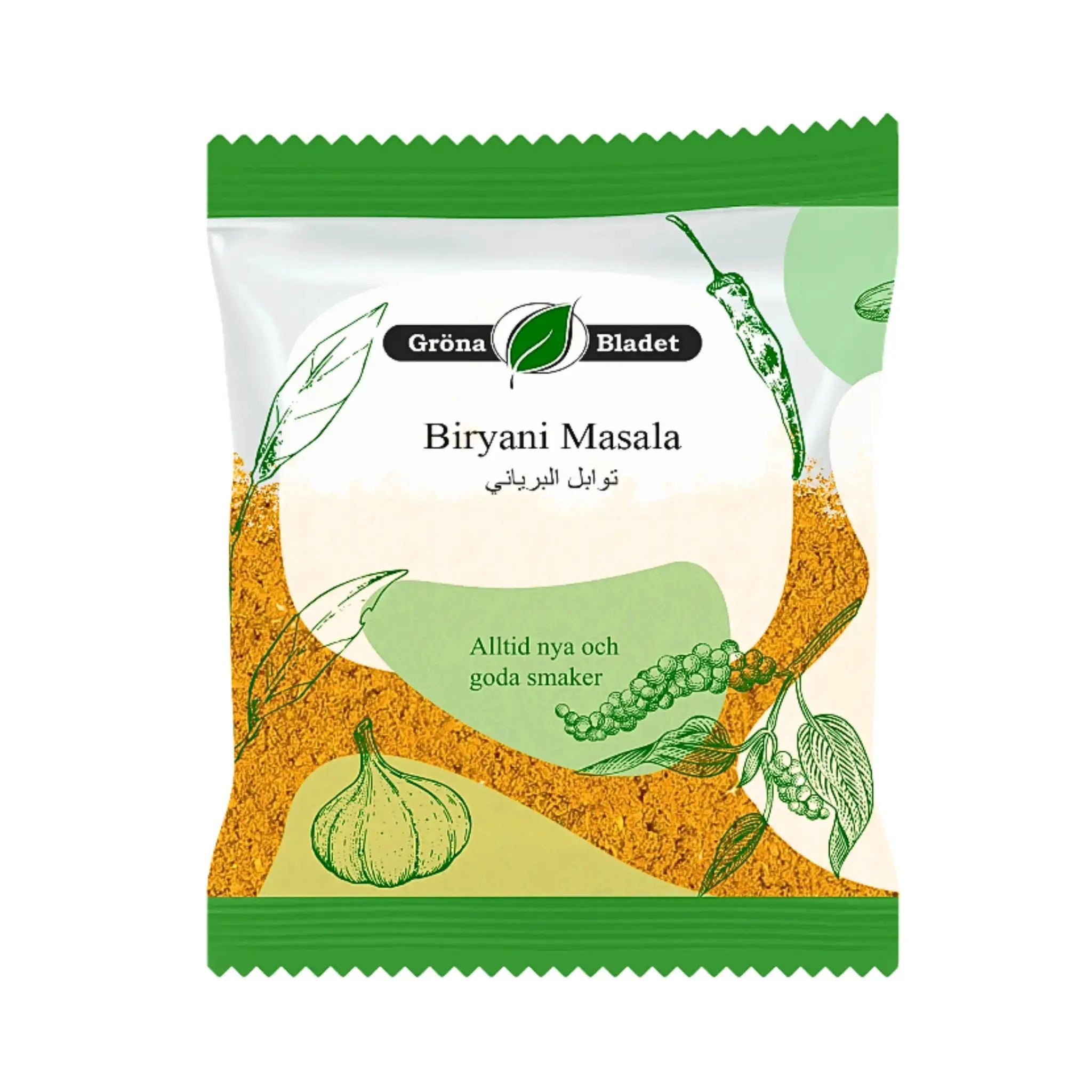 Gröna Bladet Biryani Masala 40g kryddmix påse med grön illustration av vitlök och peppar