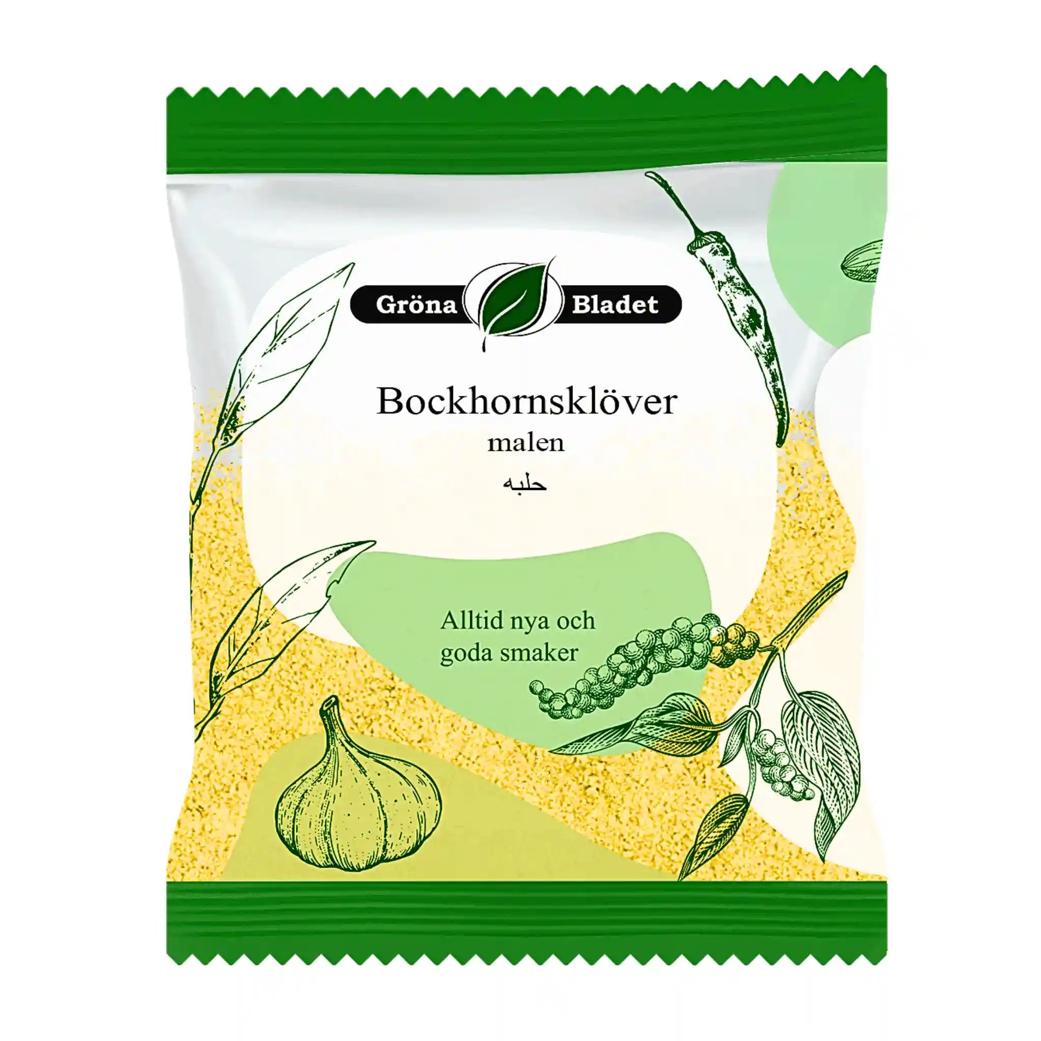 Påse med malen bockhornsklöver krydda, illustrerade kryddväxter på förpackningen.