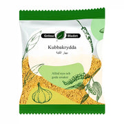 Påse med Kubba krydda, illustrationer av vitlök, chili och peppar, orientaliska kryddor.