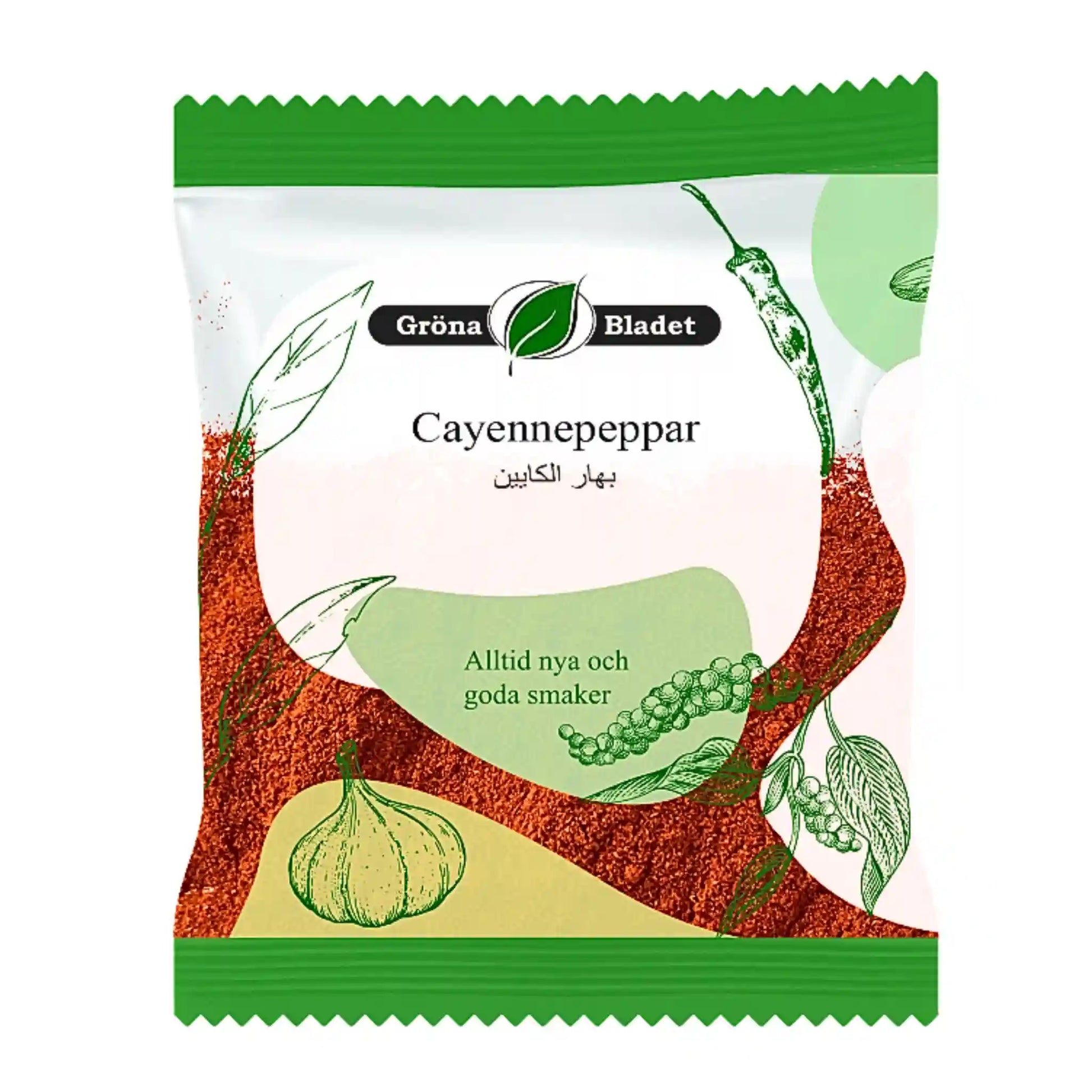 Gröna Bladet cayennepeppar 40g förpackning med illustrationer av kryddor och chilifrukter