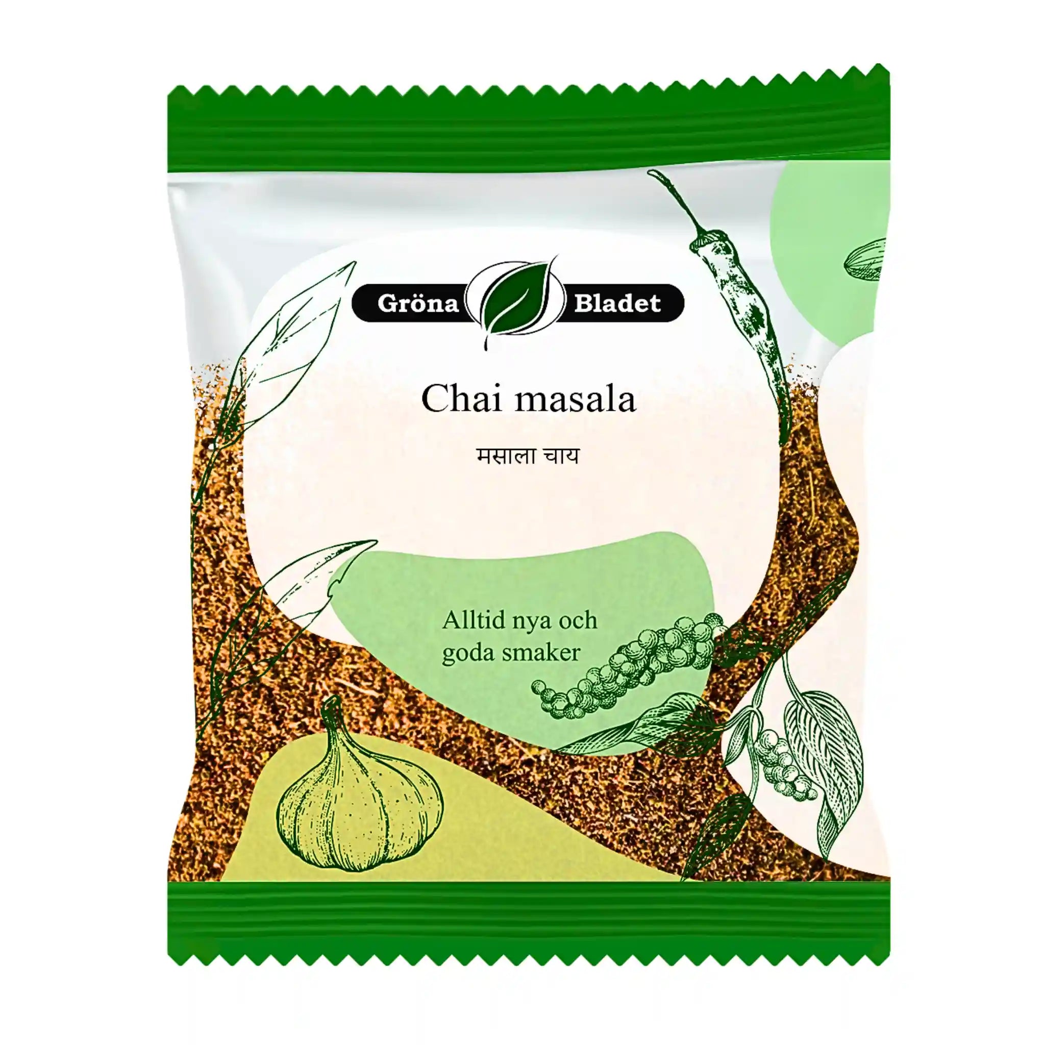 Gröna Bladet Chai masala kryddmix 30g för te, illustrerad förpackning med grönsaker och kryddor.