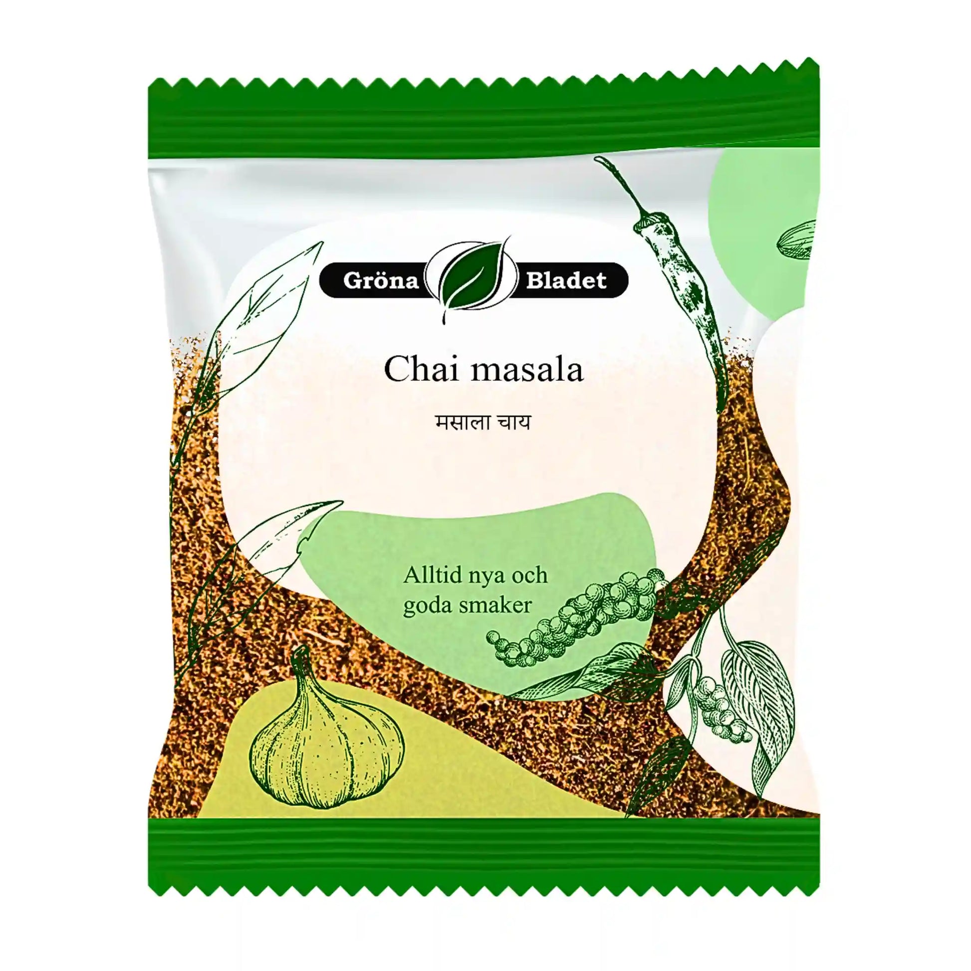 Chai masala kryddmix 30g i grön och vit påse med örter och grönsaker på förpackningen