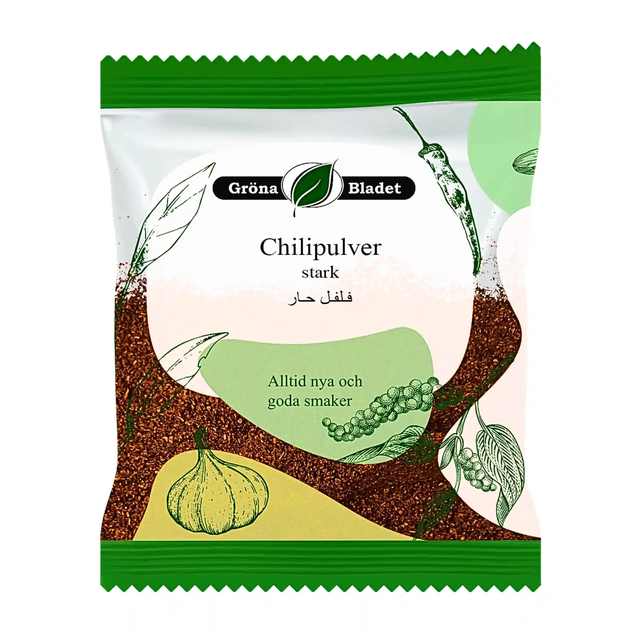 Påse med starkt chilipulver 40g, illustrationer av chili, vitlök och kryddor på förpackning.