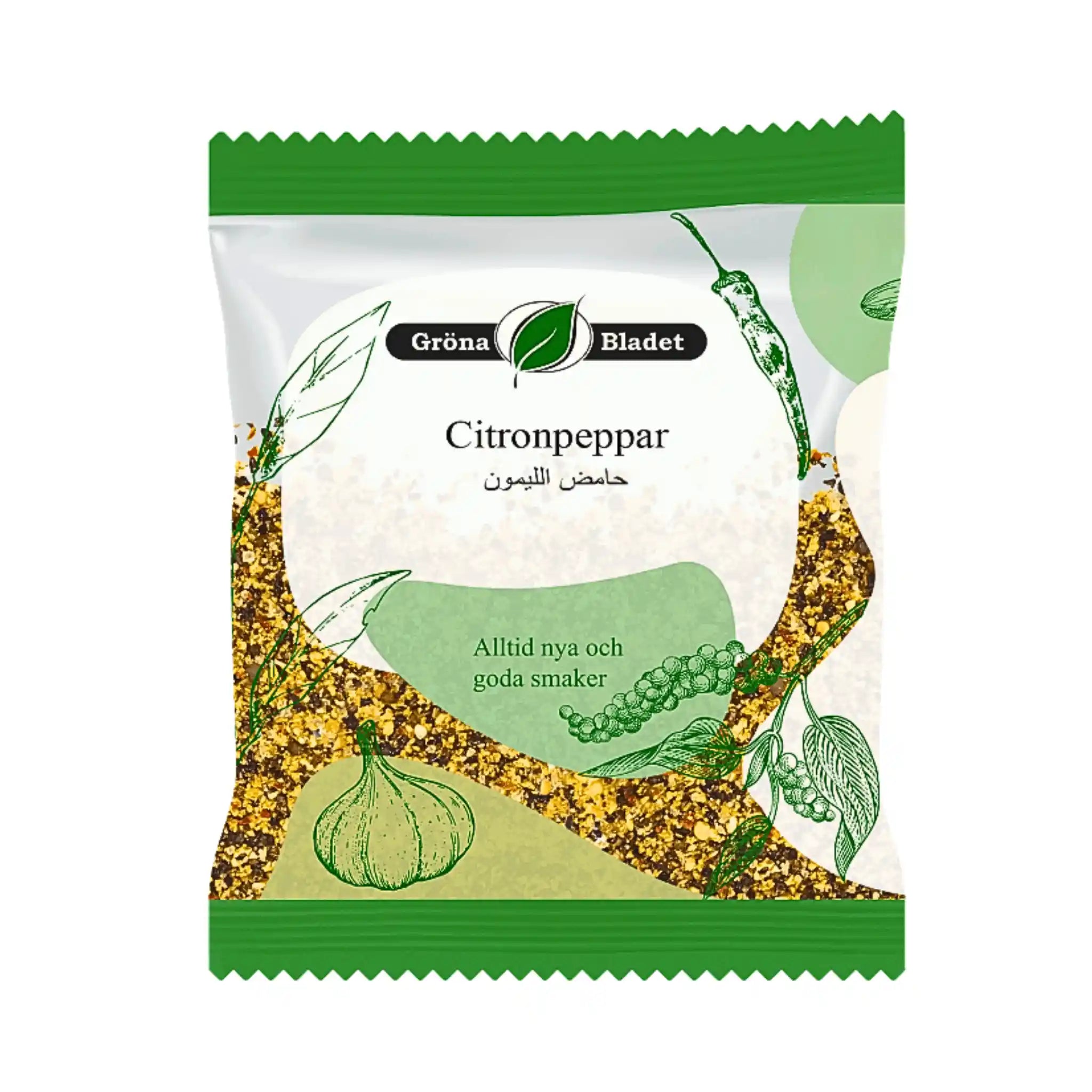 Citronpeppar 70g kryddförpackning med grönt och vitt, med citron, peppar och vitlök illustrationer.