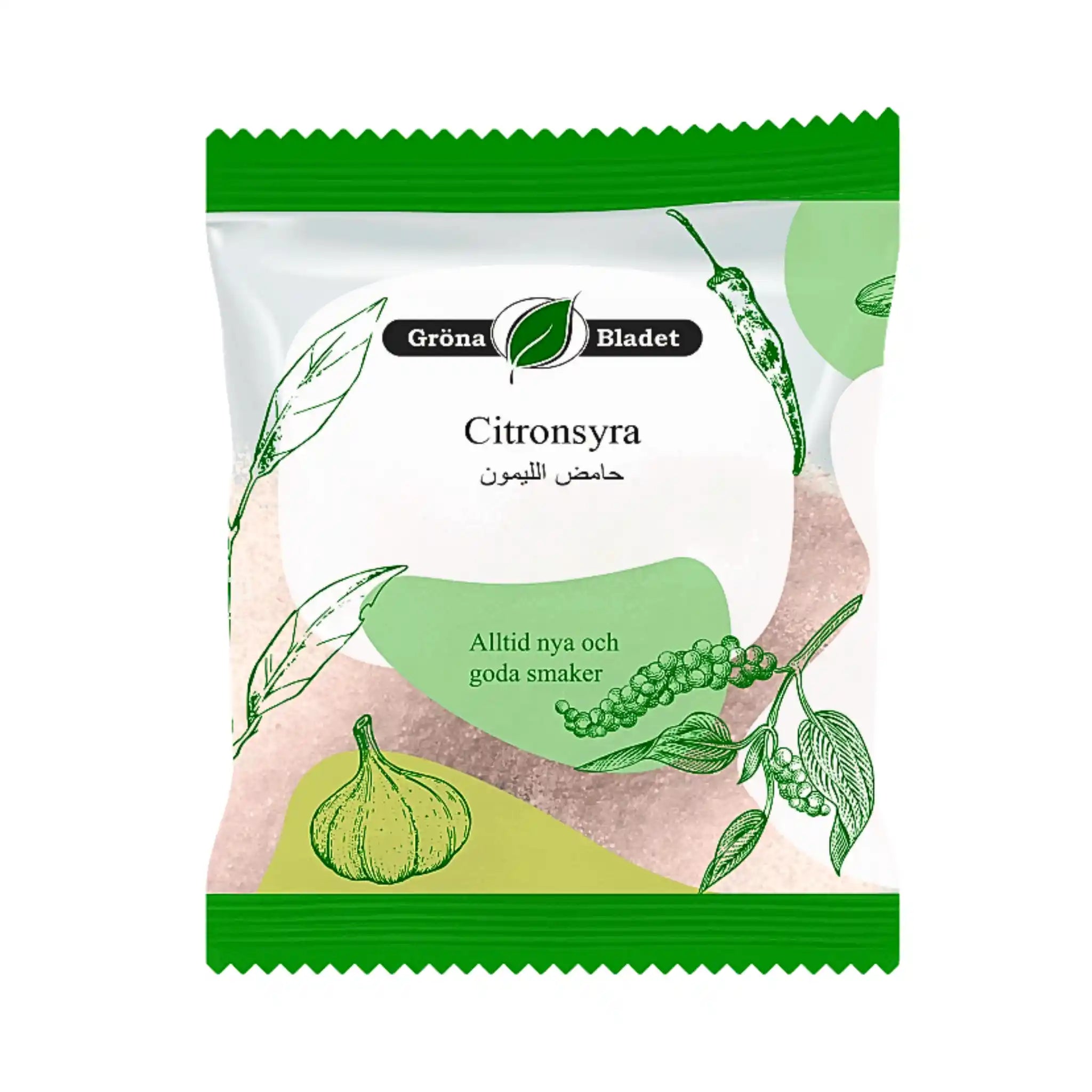 Påse med citronsyra 70g, grön vit design, illustrationer av örter och frukter, orientaliska smaker