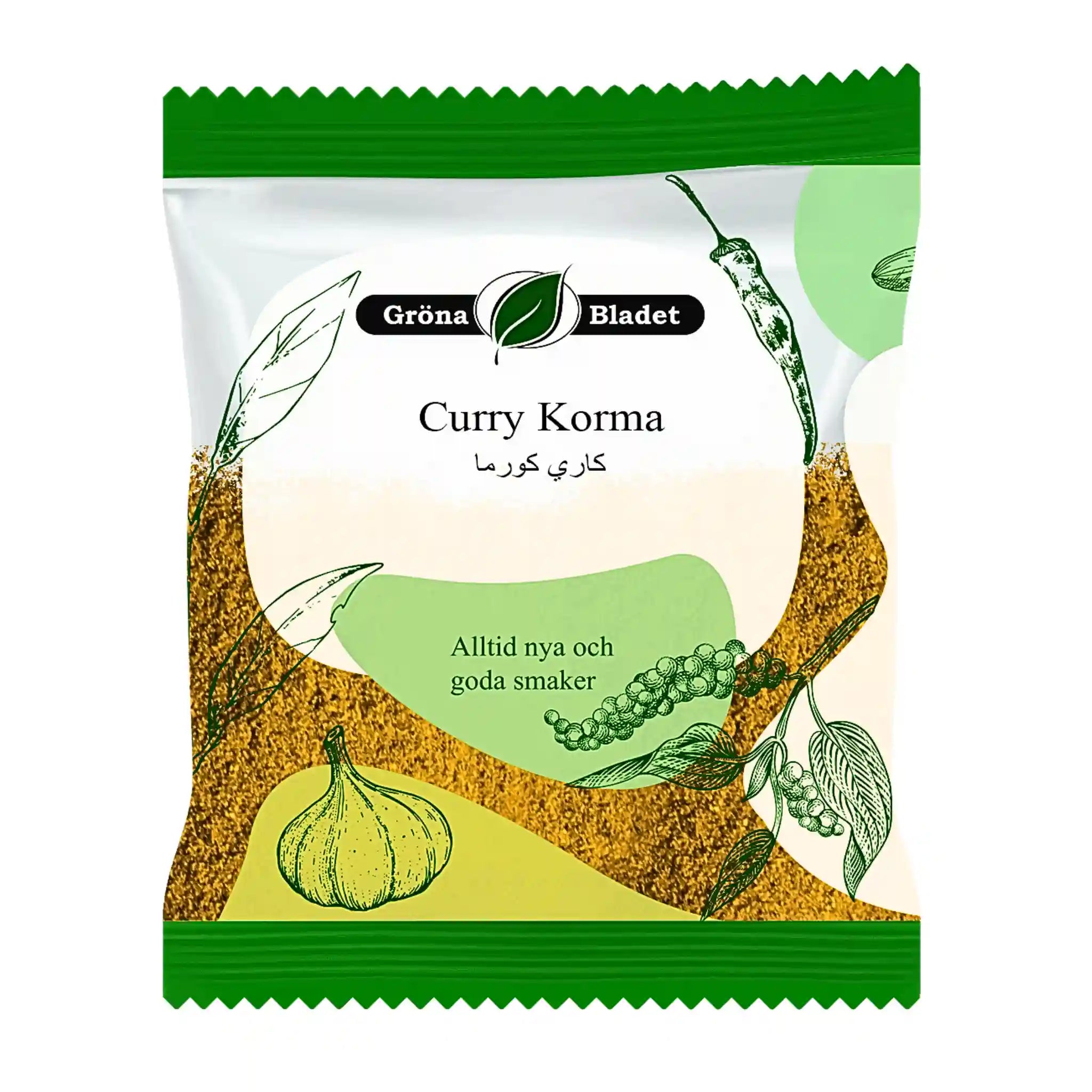 Gröna Bladet Curry Korma kryddmix i grön och vit förpackning med illustrationer av kryddor