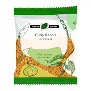 Förpackning curry Lahori krydda, 40g, med grön dekor, vit bakgrund, illustration av vitlök, peppar och chili.