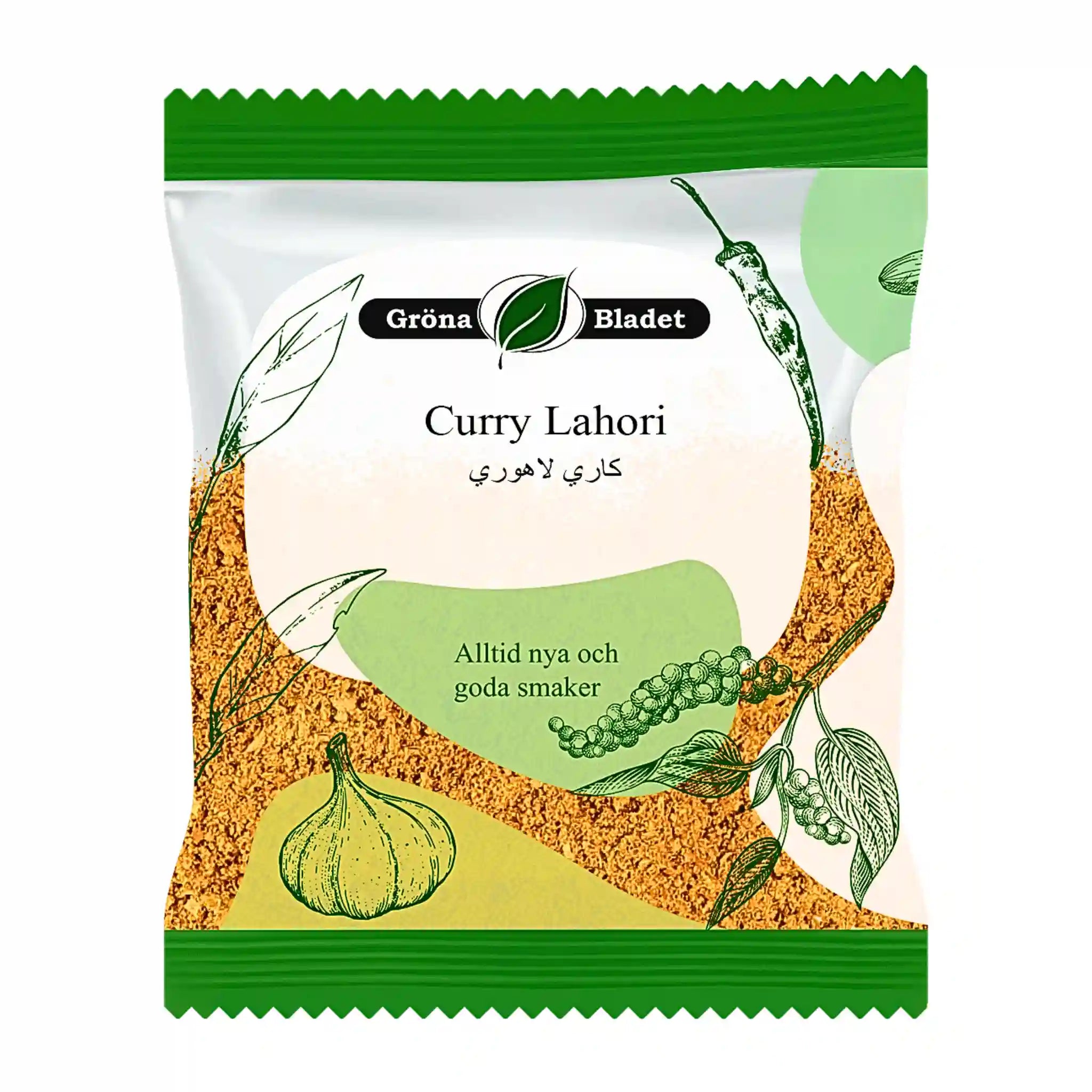 Förpackning curry Lahori krydda, 40g, med grön dekor, vit bakgrund, illustration av vitlök, peppar och chili.