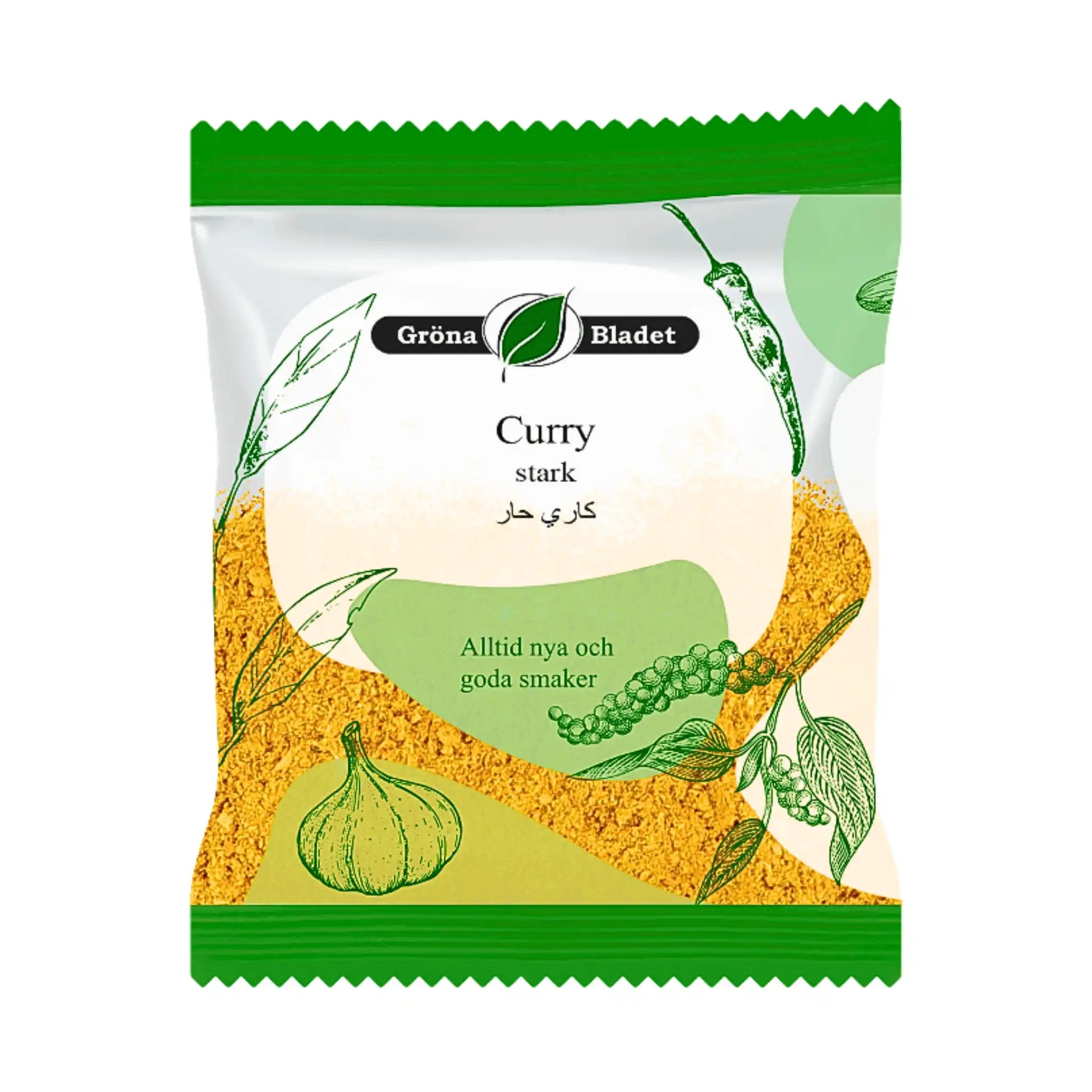 Påse med stark curry Madras-krydda, 40g, med grönsaksillustrationer på förpackningen.