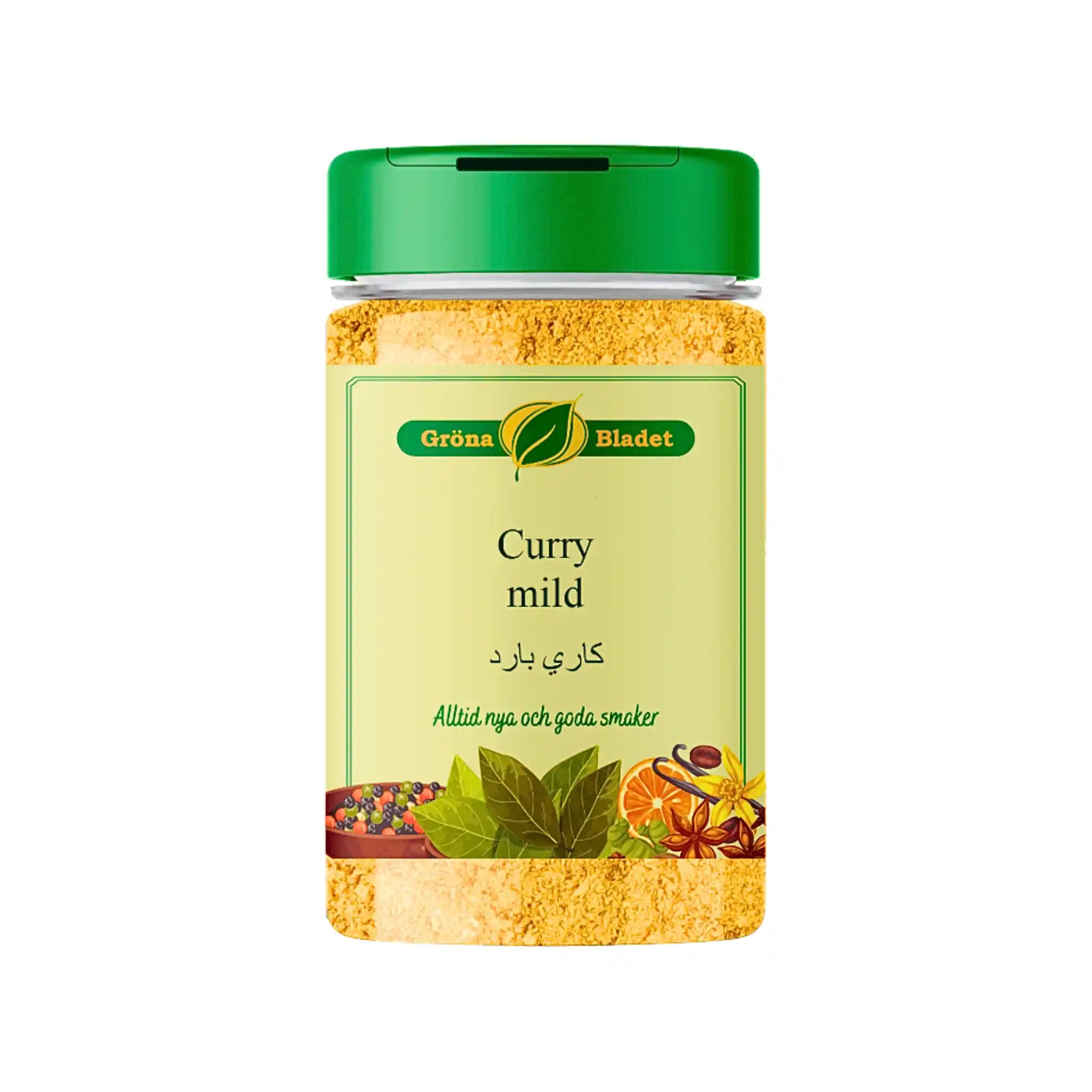 Gröna Bladet curry mild i plastburk, orientalisk krydda 140g med grön lock.