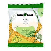 Påse med mild curry, Grönabladet, 40g med illustrationer av vitlök och peppar.