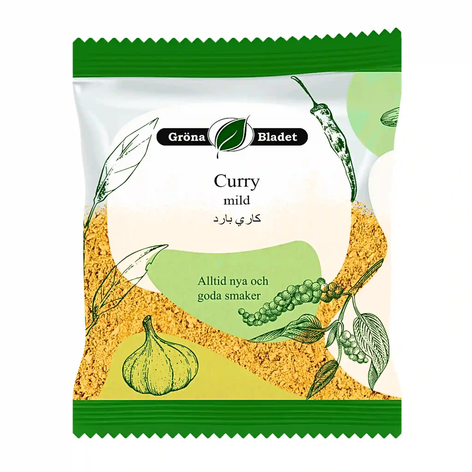 Påse med mild curry, Grönabladet, 40g med illustrationer av vitlök och peppar.