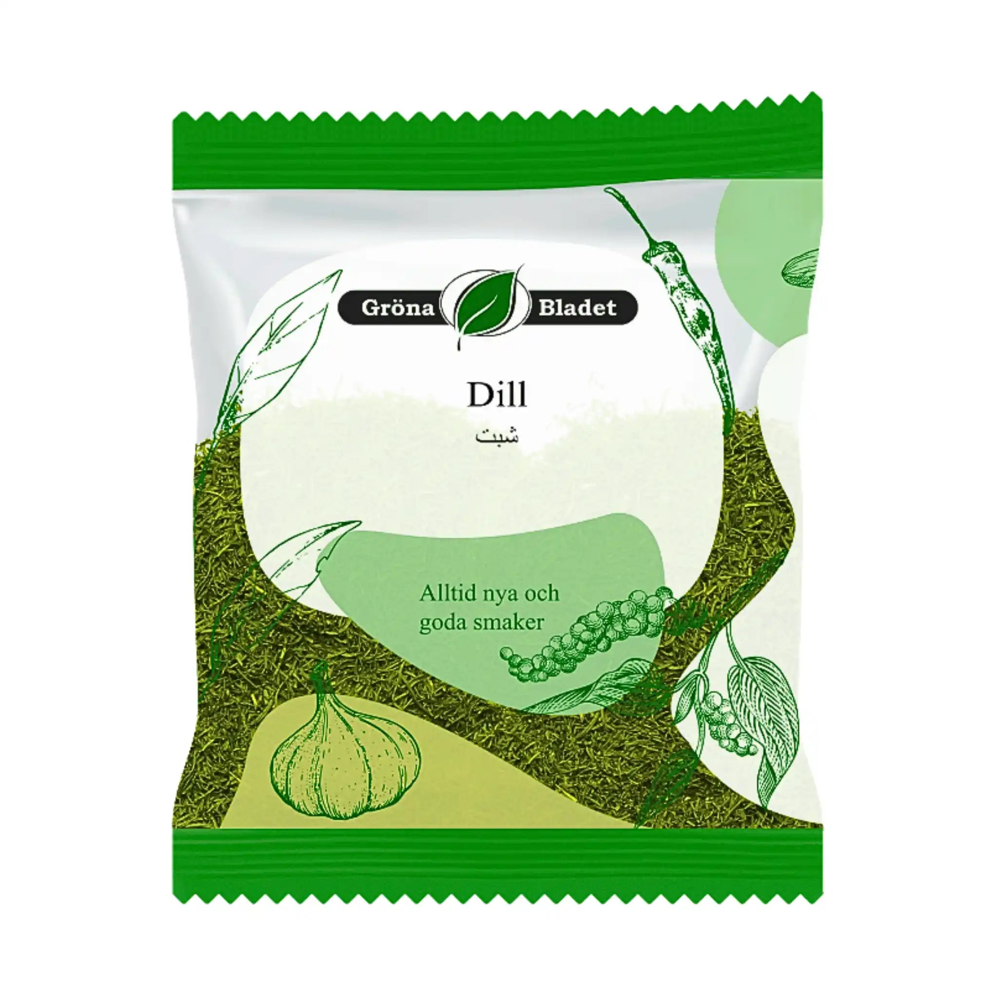 Förpackning med torkad dill, gröna blad och kryddor på vit bakgrund, text Dill.