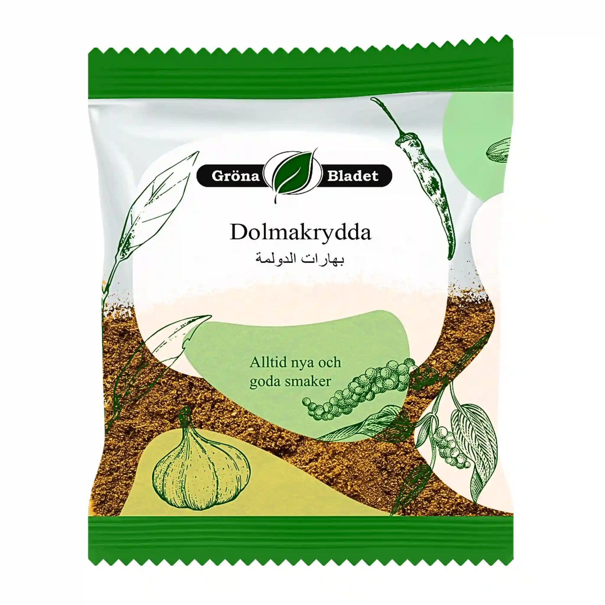 Gröna Bladet Dolmakrydda 40g kryddmix i illustrerad grön och vit förpackning