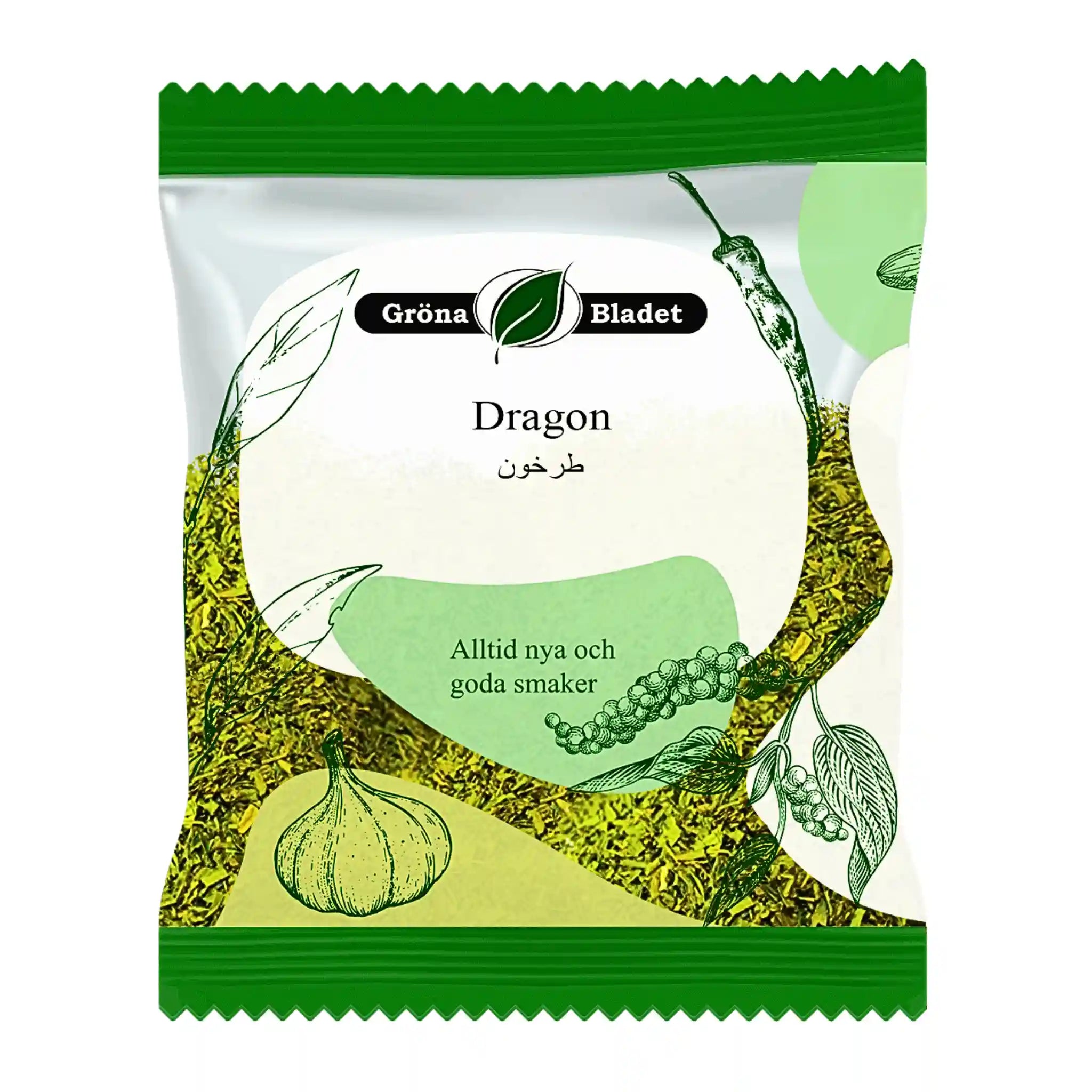 Gröna Bladet dragon 12g kryddpaket med grön dekor, torkad estragon synlig i påse