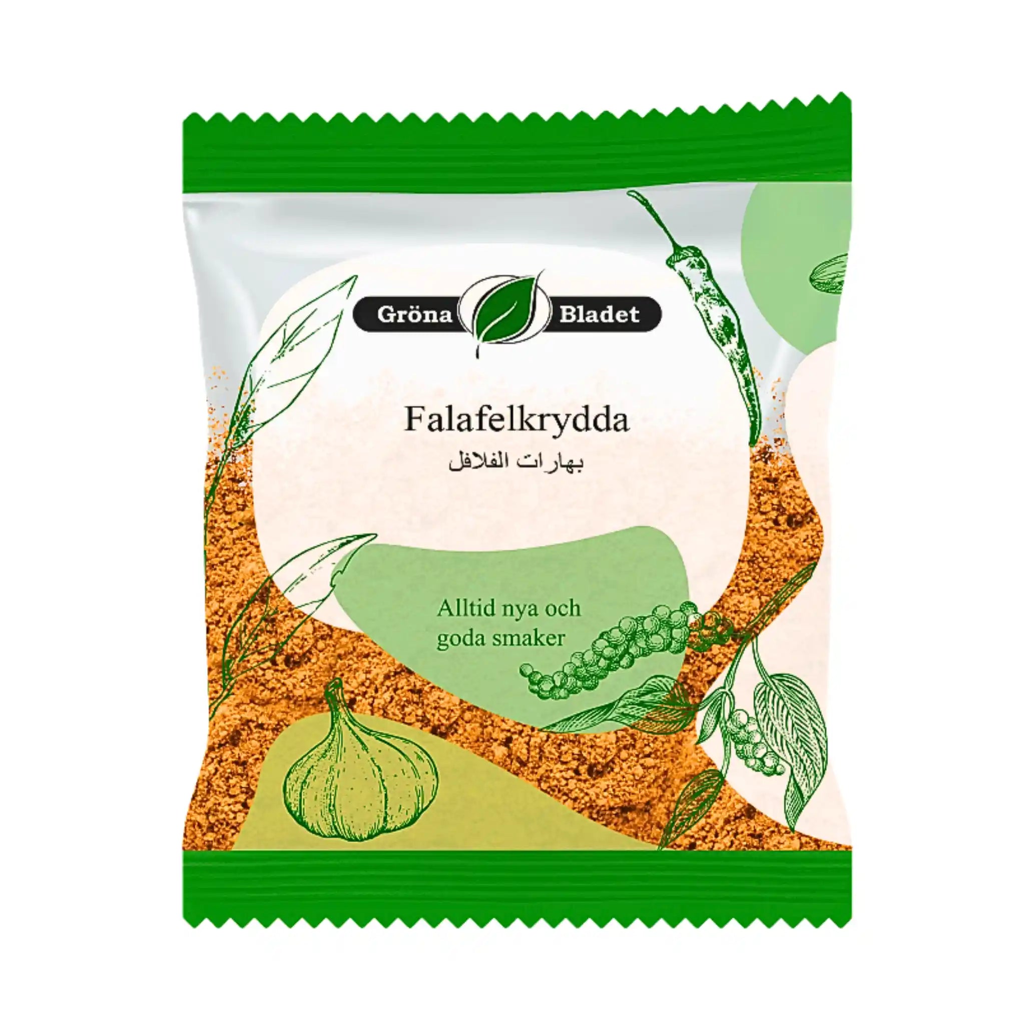 Falafelkrydda 40g kryddmix i grön och vit förpackning med illustrationsbilder av grönsaker