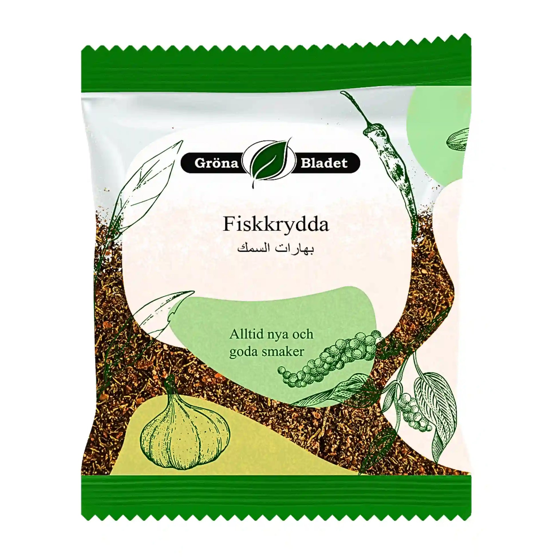 Påse med orientaliska fiskkryddor, grönt och naturinspirerat förpackningsdesign.