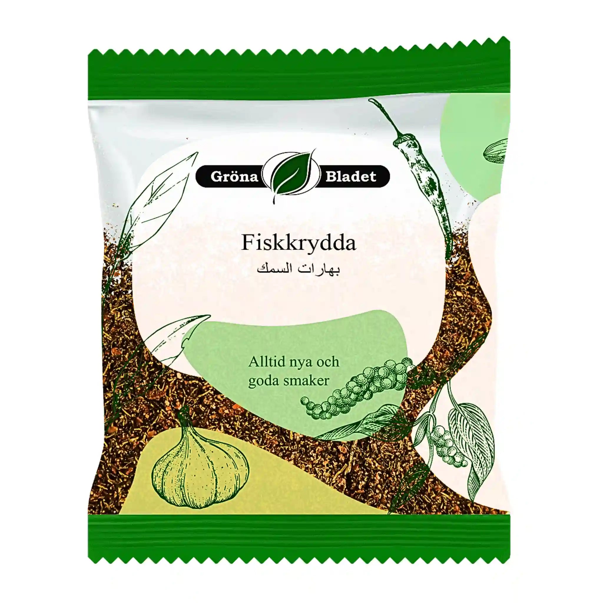 Påse med orientaliska fiskkryddor, grönt och naturinspirerat förpackningsdesign.