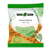 Påse med Gröna Bladet Garam Masala 40g, indisk krydda med illustrationer av grönsaker.