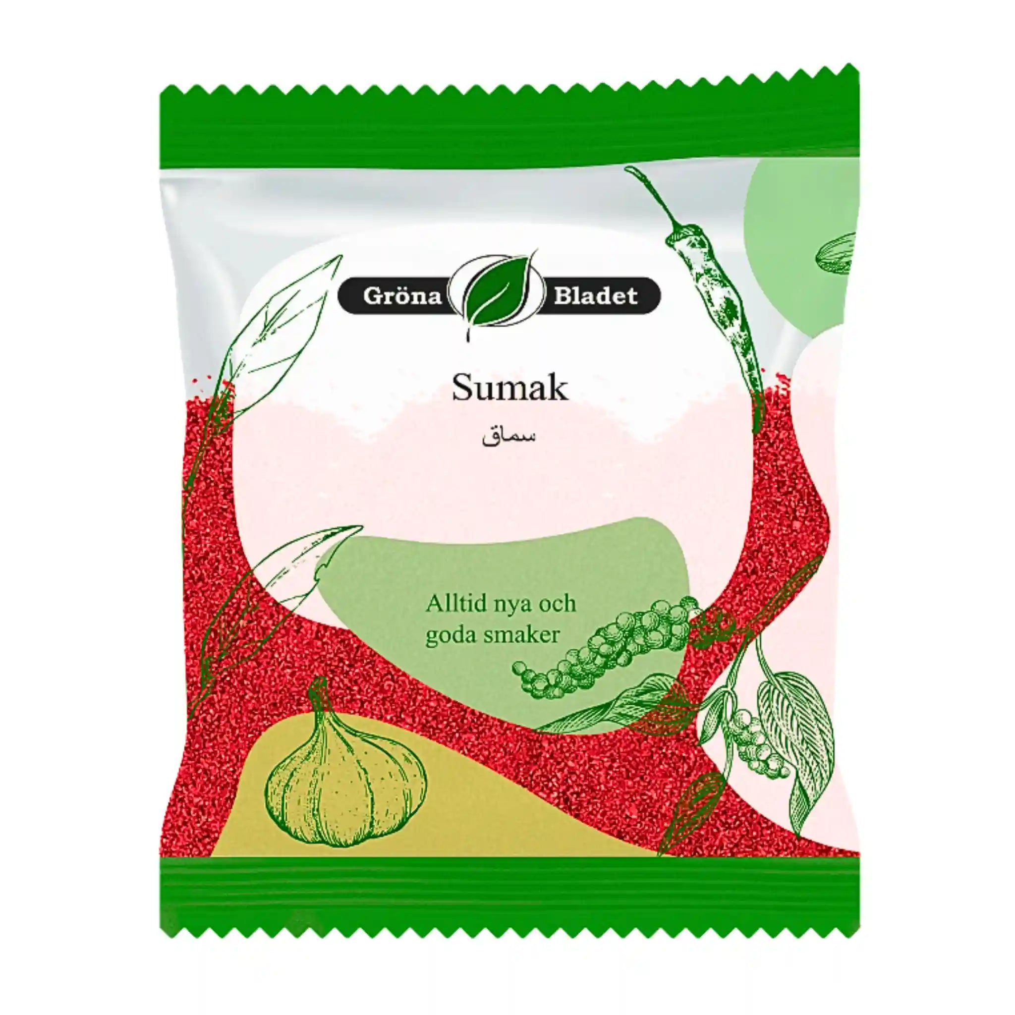 Förpackning med orientaliskt sumak-krydda, Grona Bladet, grön och röd design, 40g.