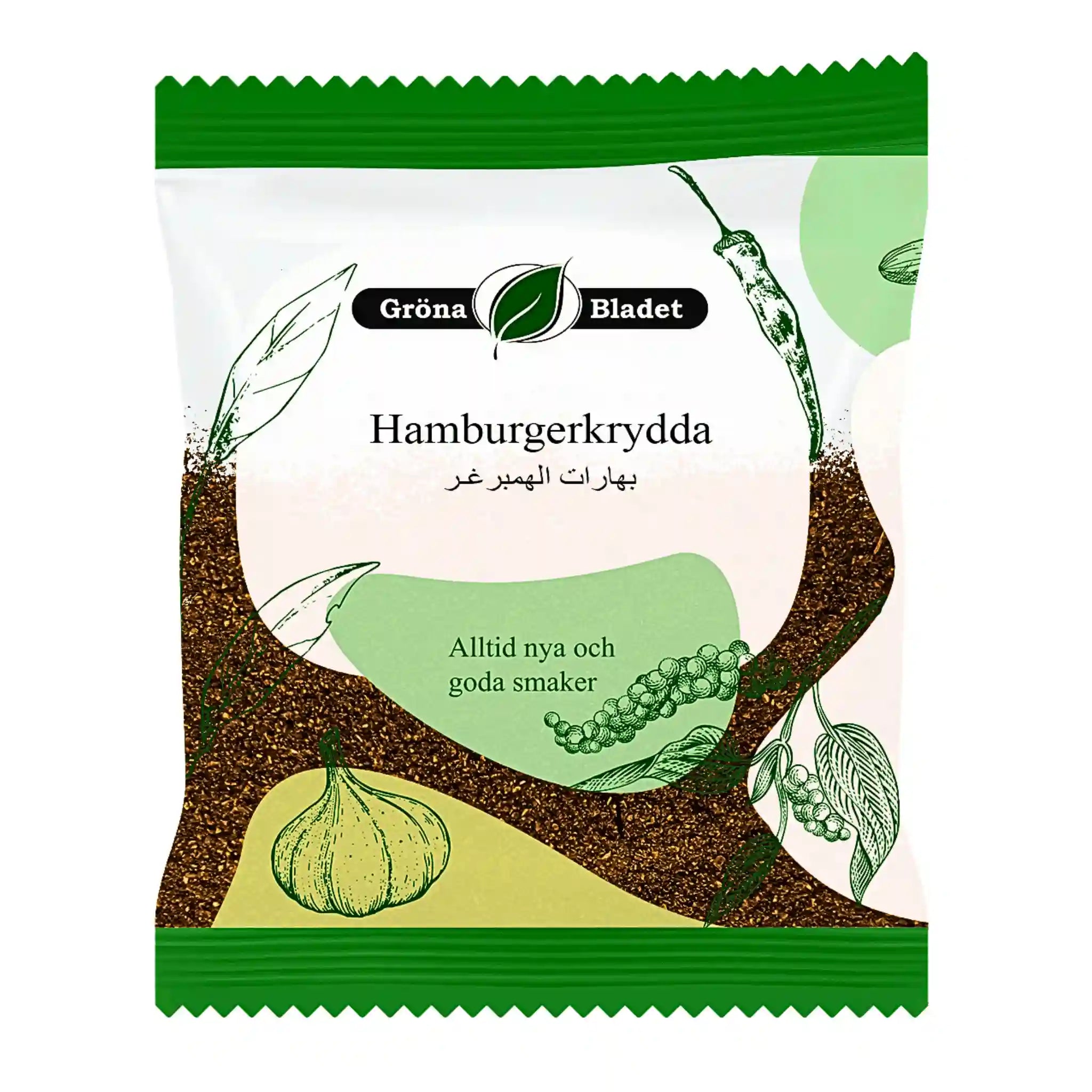 Förpackning med Gröna Bladet hamburgerkrydda 40g med illustrerade kryddor.