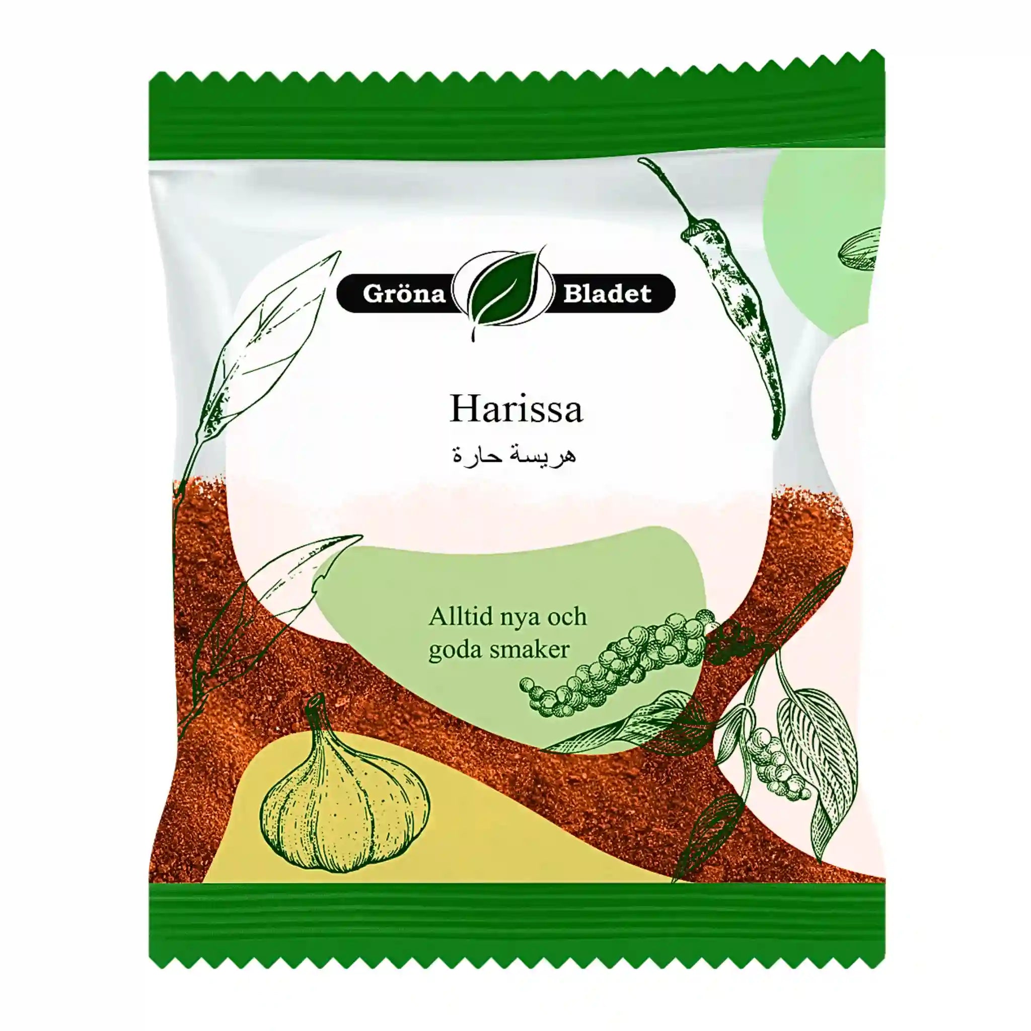 Påse med harissa kryddmix, grön och vit design med illustration av vitlök och chili.