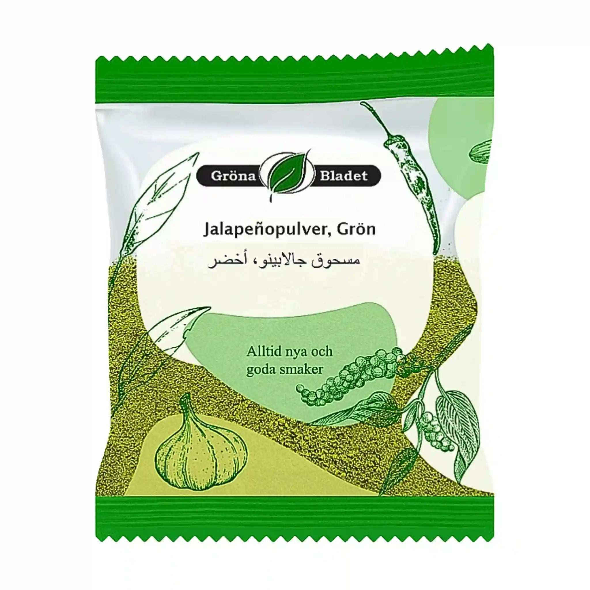 Grön påse med jalapeñopulver, illustrationer av grönsaker och örter på förpackningen.