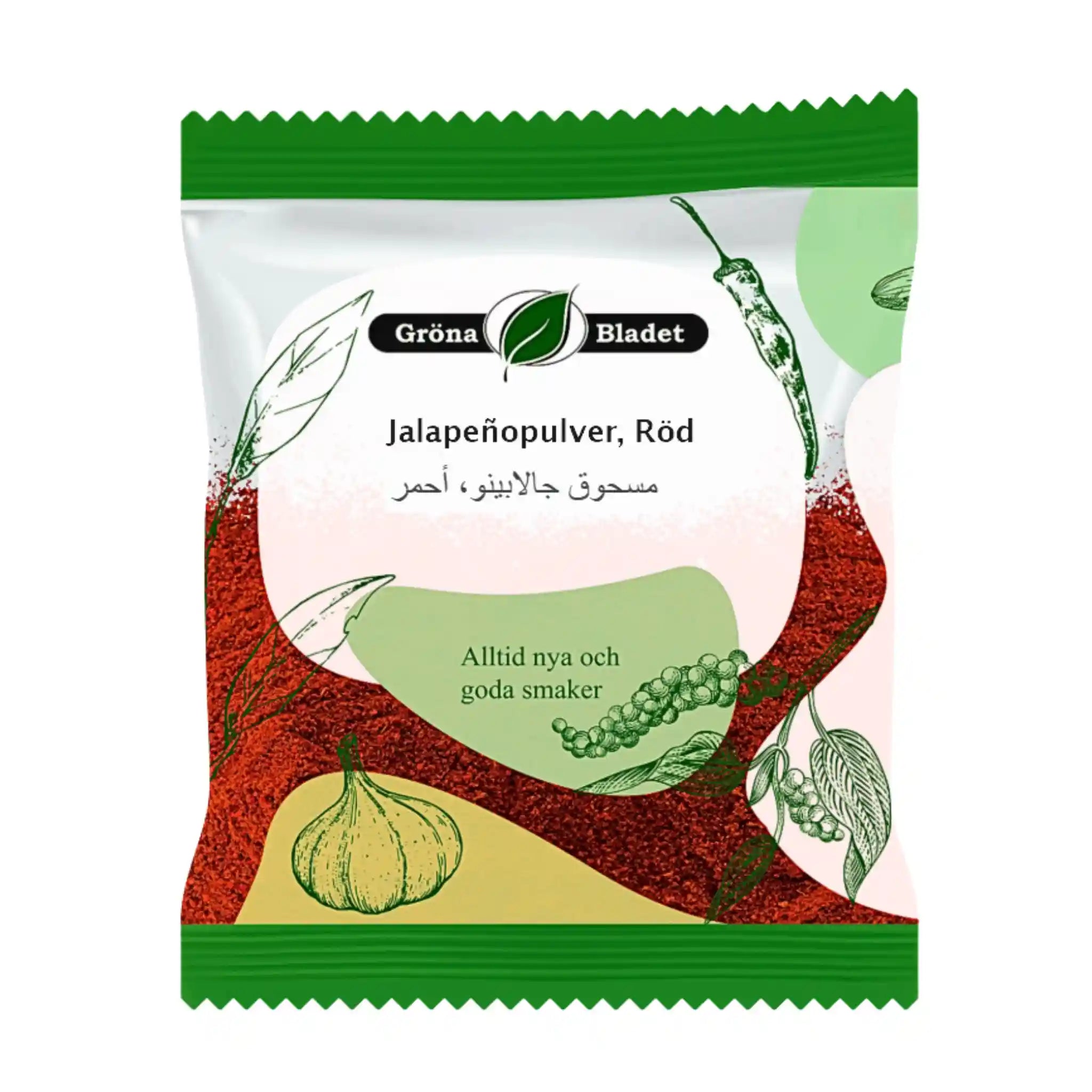 Förpackning med rött jalapeñopulver, illustrerad chili, vitlök och peppar på framsidan.