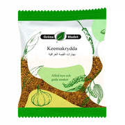 Påse med Keemakrydda 40g, orientaliskt kryddmix, illustrerad vitlöks- och peppargrafik på förpackning.