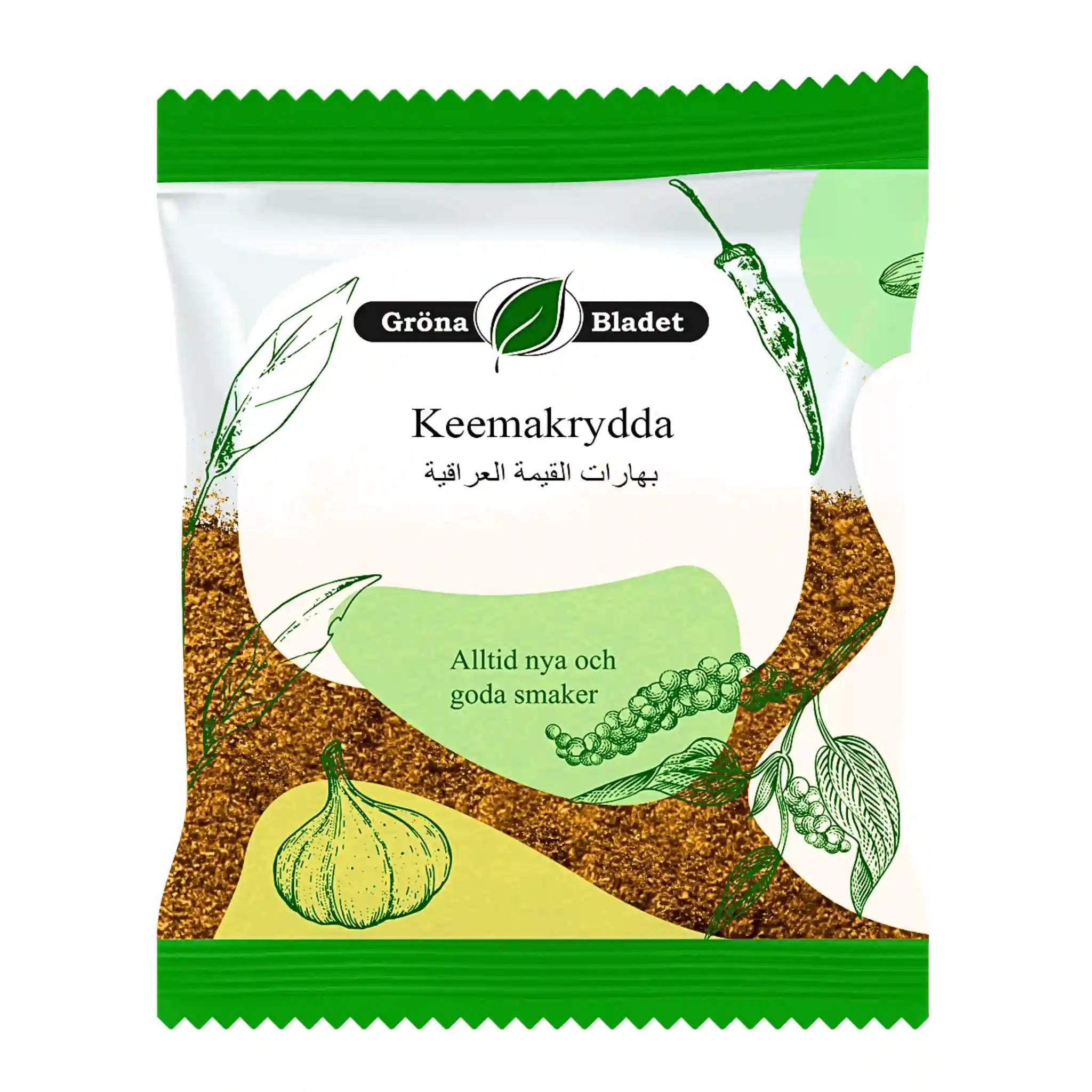 Påse med Keemakrydda 40g, orientaliskt kryddmix, illustrerad vitlöks- och peppargrafik på förpackning.