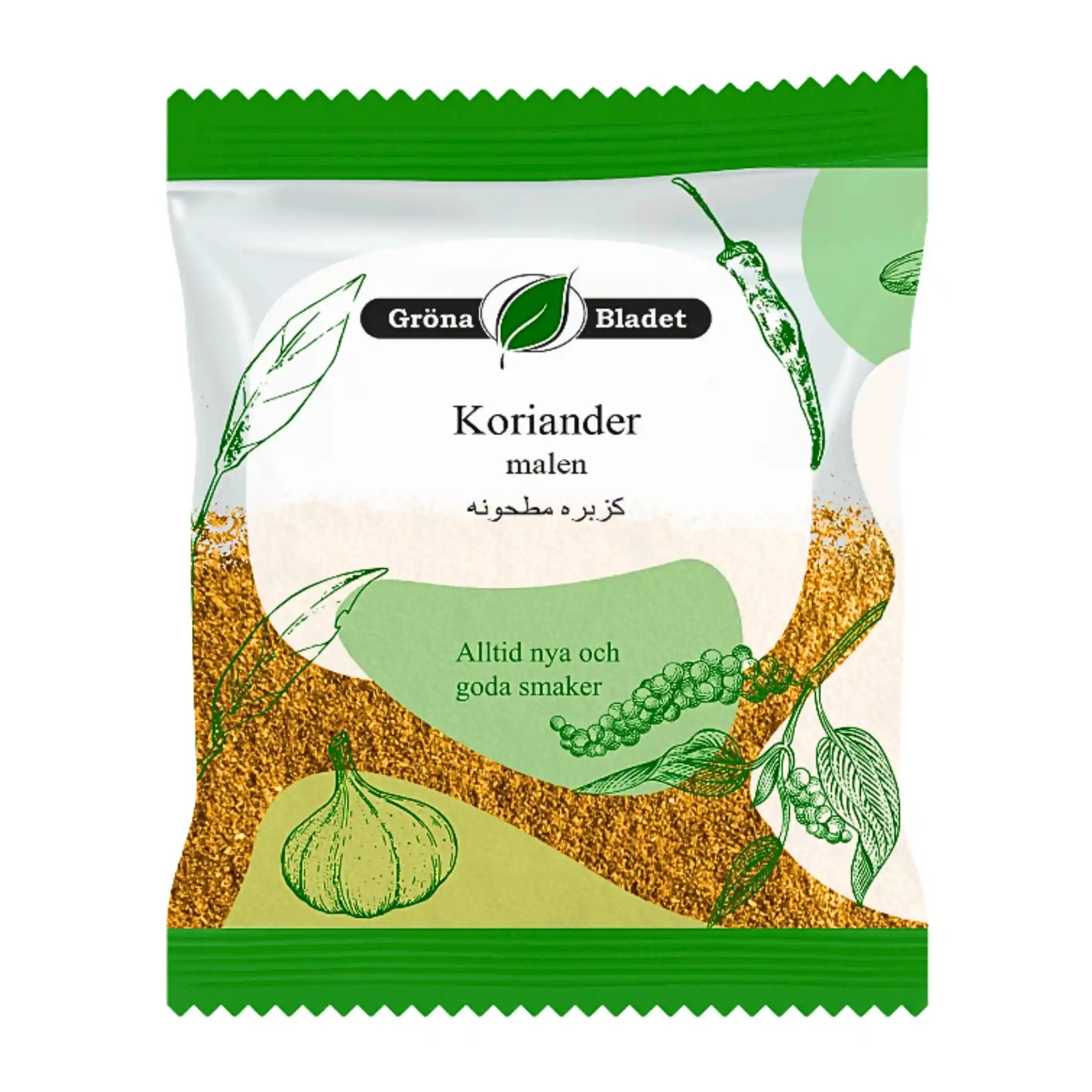 Gröna Bladet malen koriander 40g, kryddpåse med grön dekor och ingrediensillustrationer