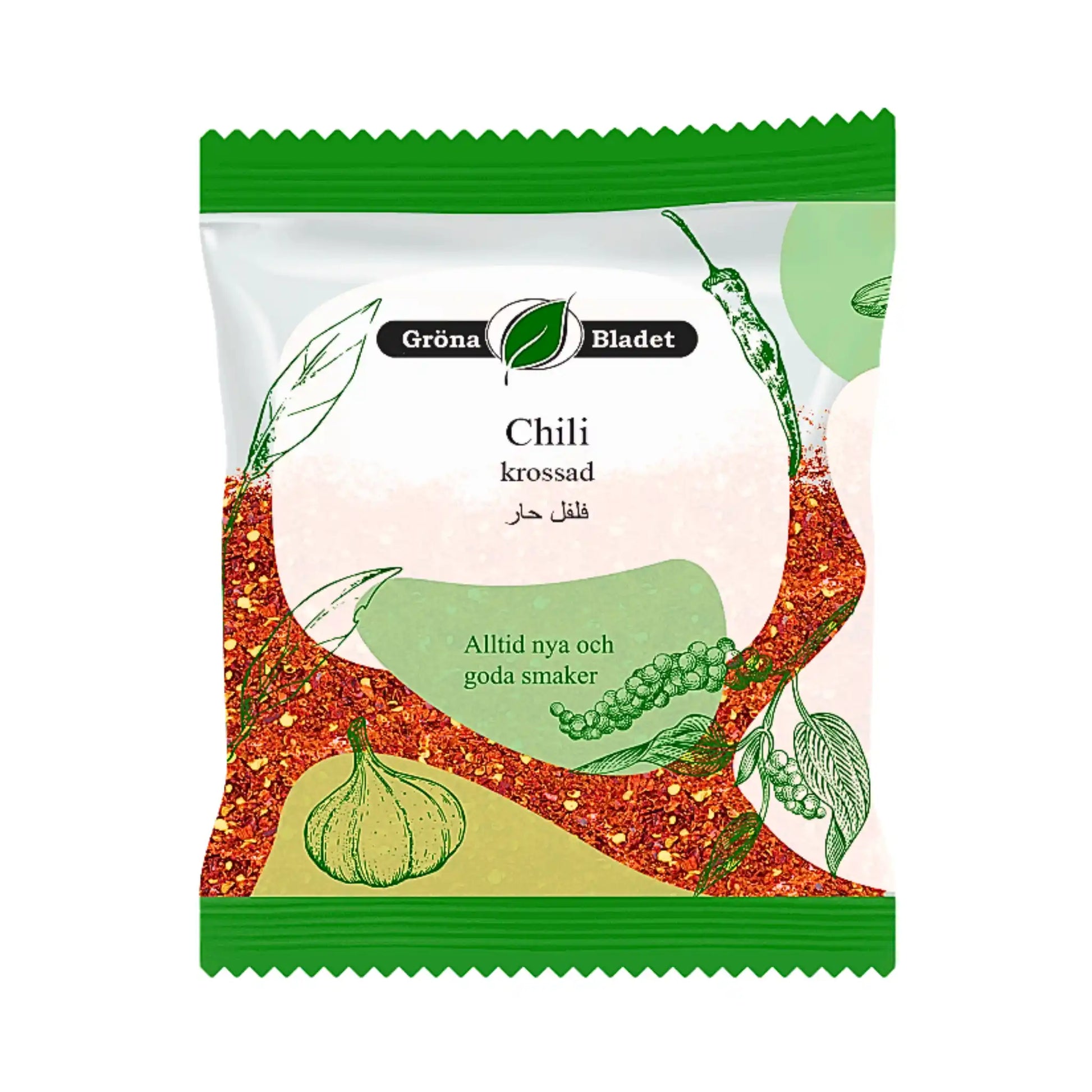 Förpackning med krossad chili, illustrationer av vitlök och chili, orientaliska kryddor