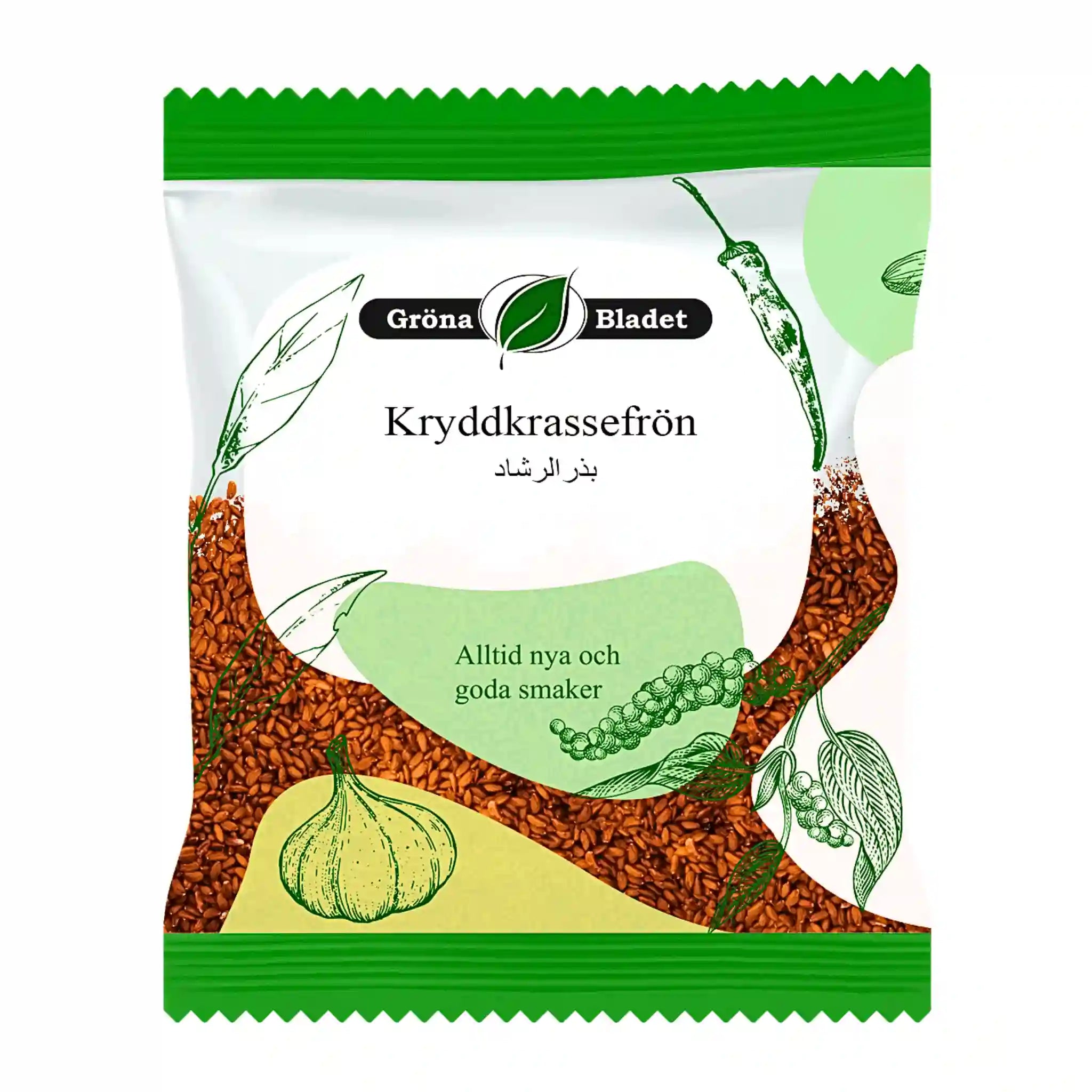 Förpackning med Kryddkrassefrön, grönt och vitt med illustrationer av kryddväxter.